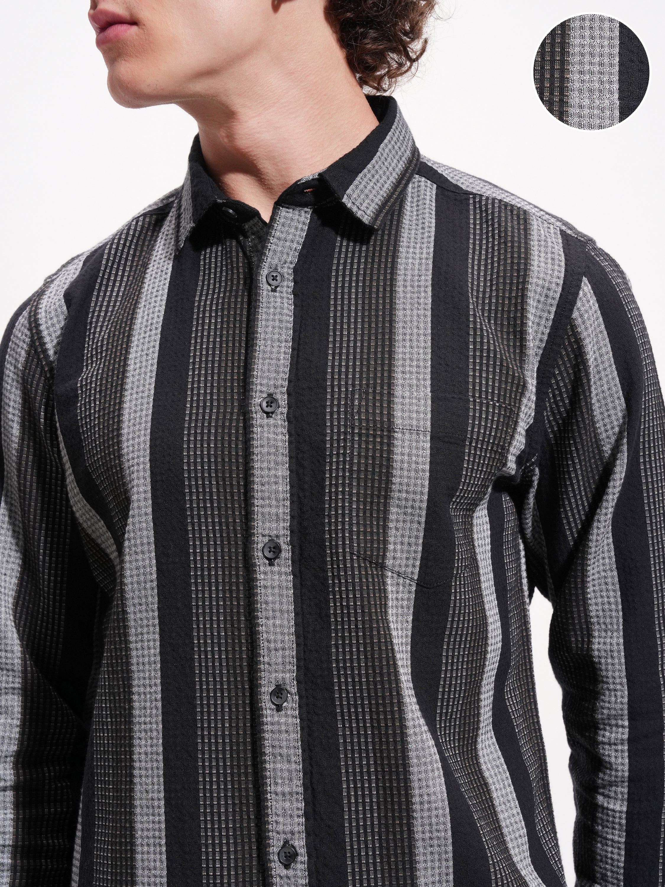 Highlander Men Black Striped Slim Fit Casual Shirt - Black - Image 5
