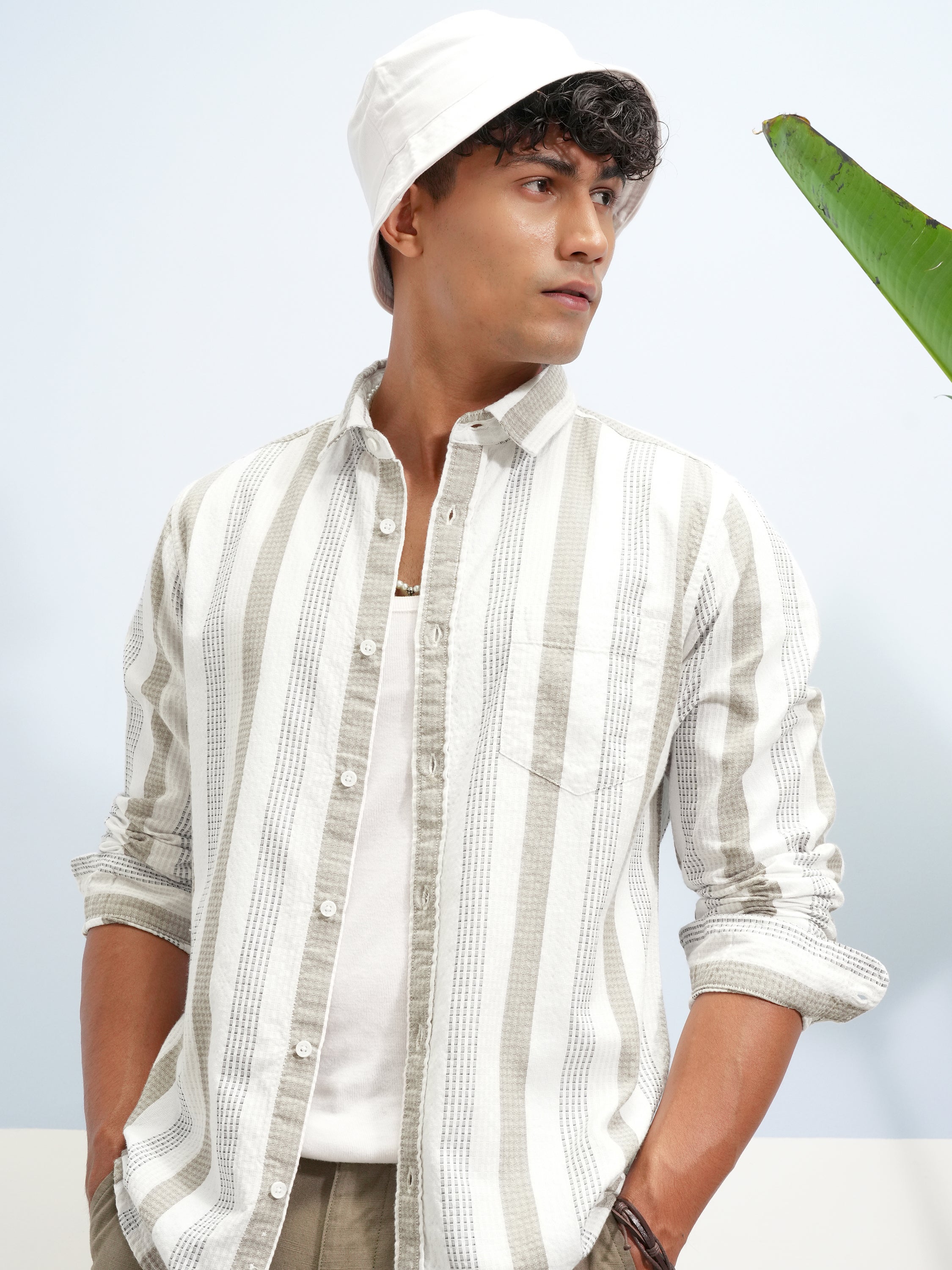 Highlander Men White Striped Slim Fit Casual Shirt - White - Image 1