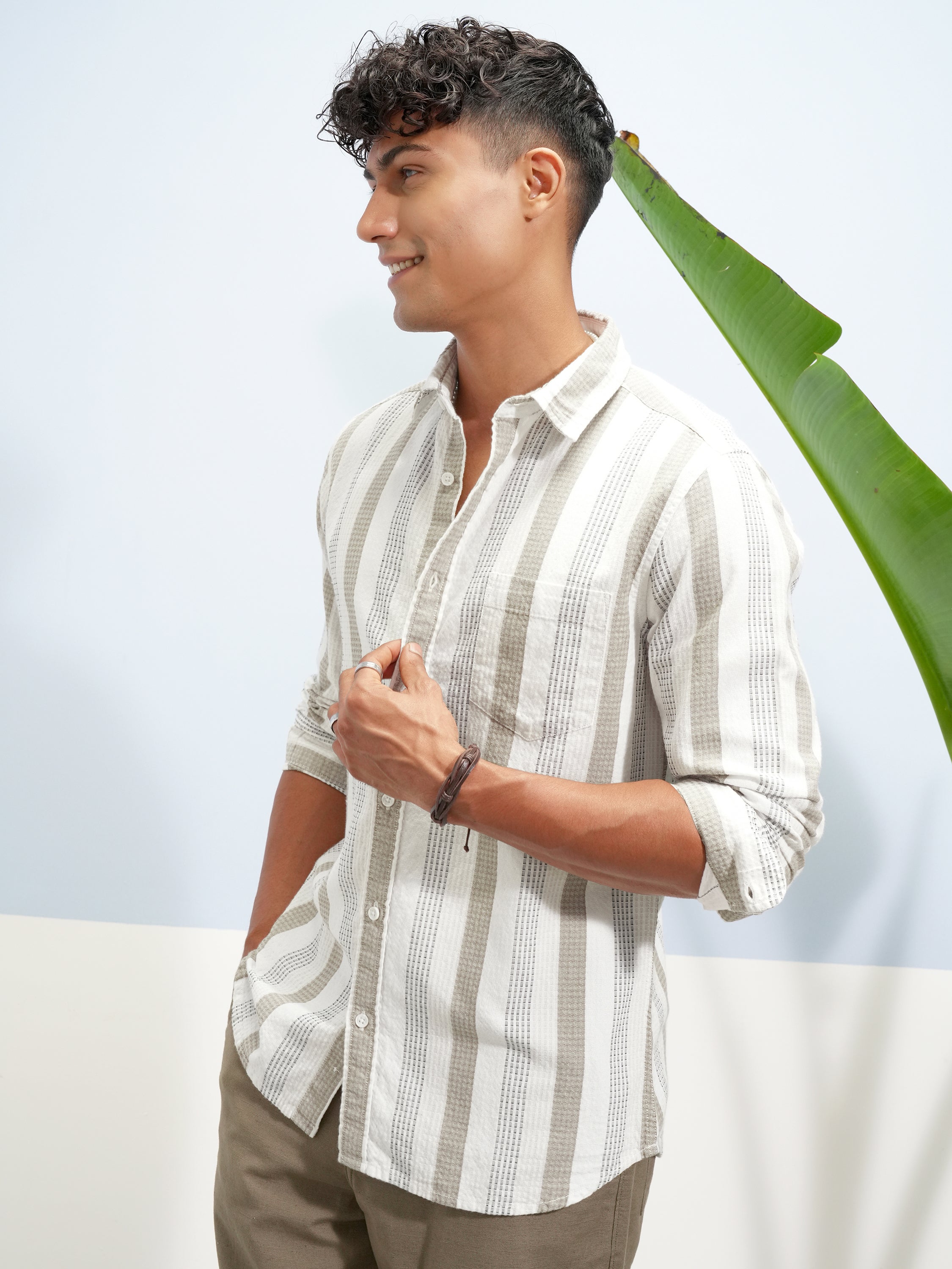 Highlander Men White Striped Slim Fit Casual Shirt - White - Image 4