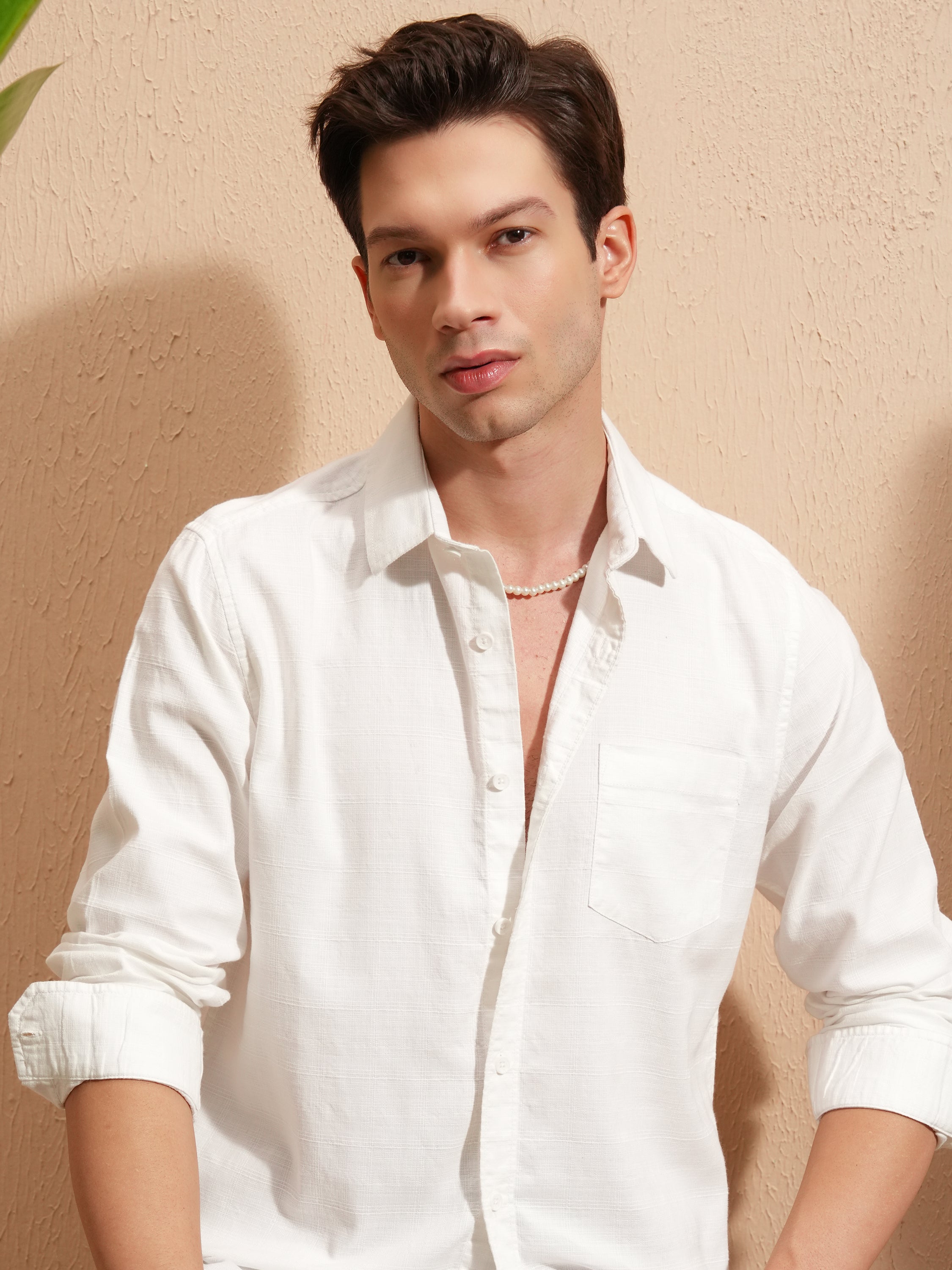 Highlander Men White Self Design Slim Fit Casual Shirt - White - Image 1