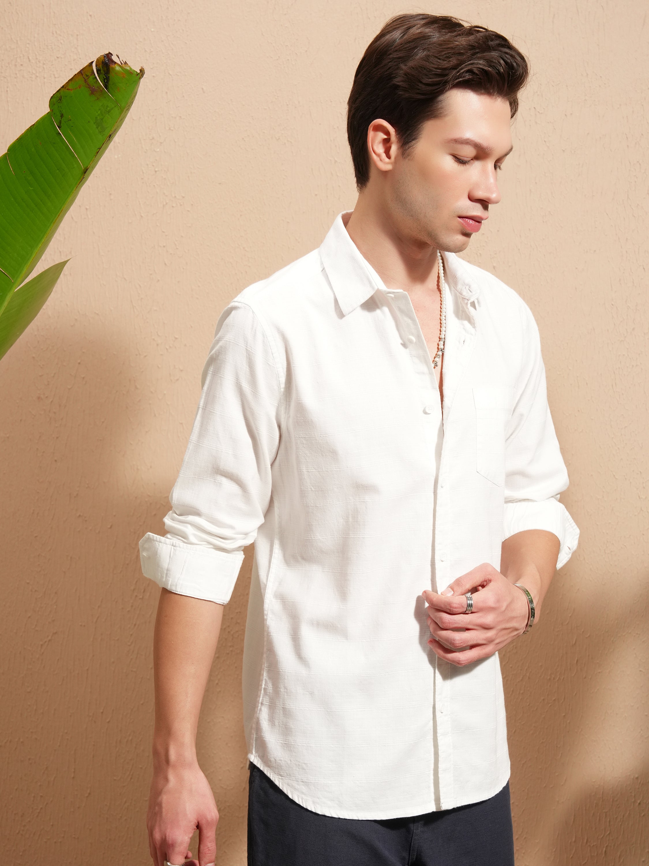 Highlander Men White Self Design Slim Fit Casual Shirt - White - Image 6