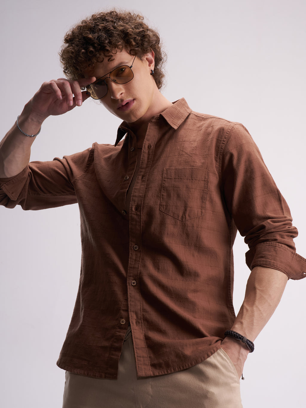 Highlander Men Brown Self Design Slim Fit Casual Shirt - Brown - Image 1