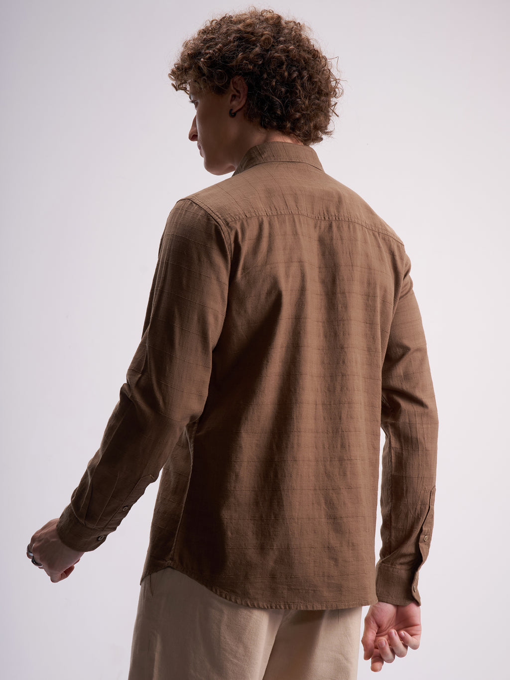Highlander Men Brown Self Design Slim Fit Casual Shirt - Brown - Image 3