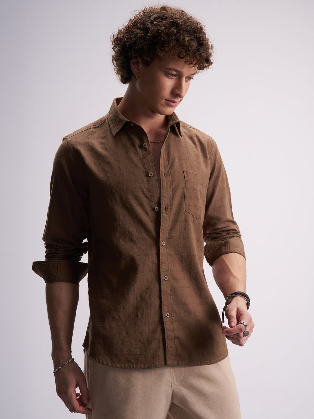 Highlander Men Brown Self Design Slim Fit Casual Shirt - Brown - Image 6