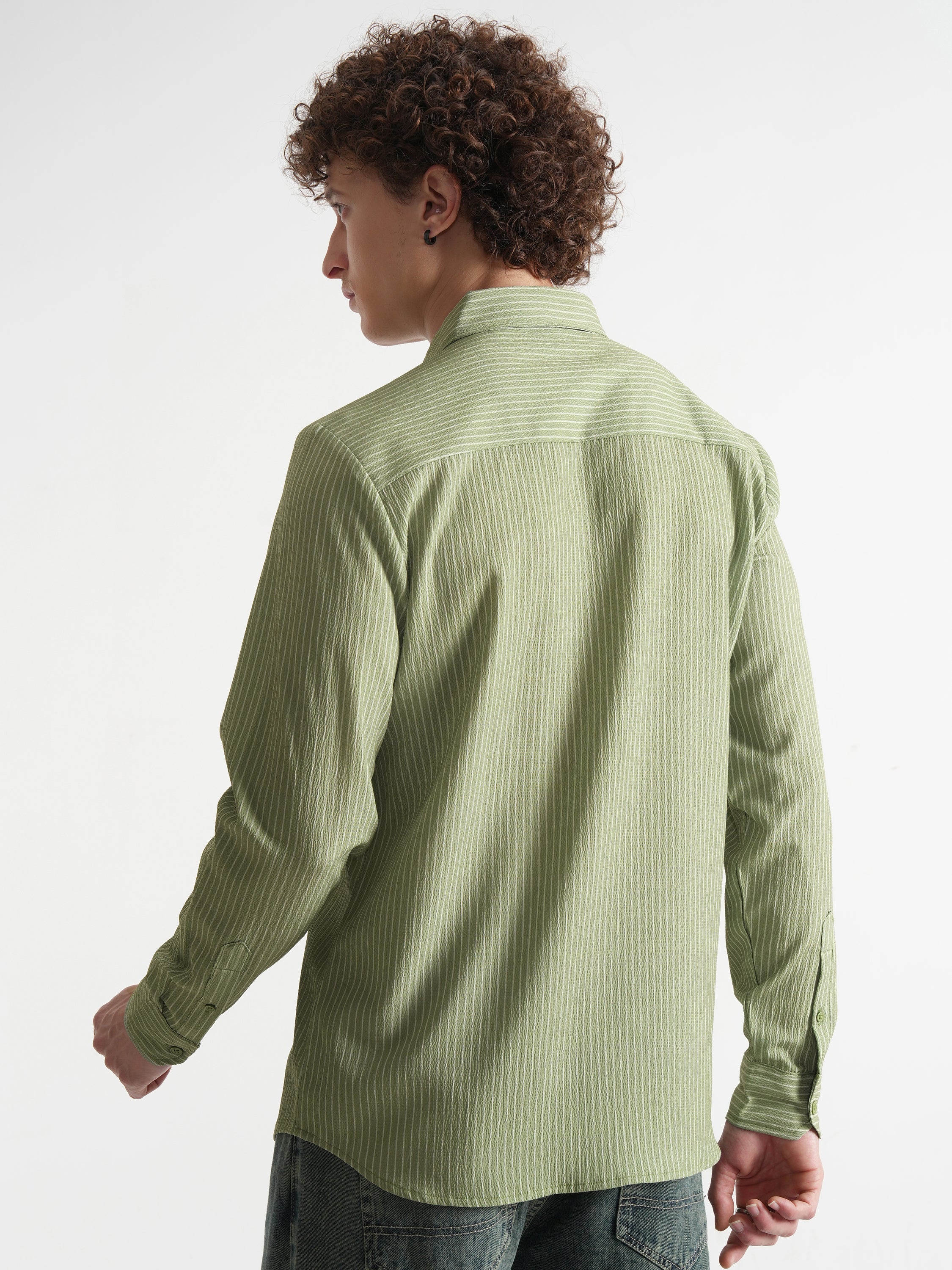 Highlander Men Olive Striped Slim Fit Casual Shirt - Olive - Image 3