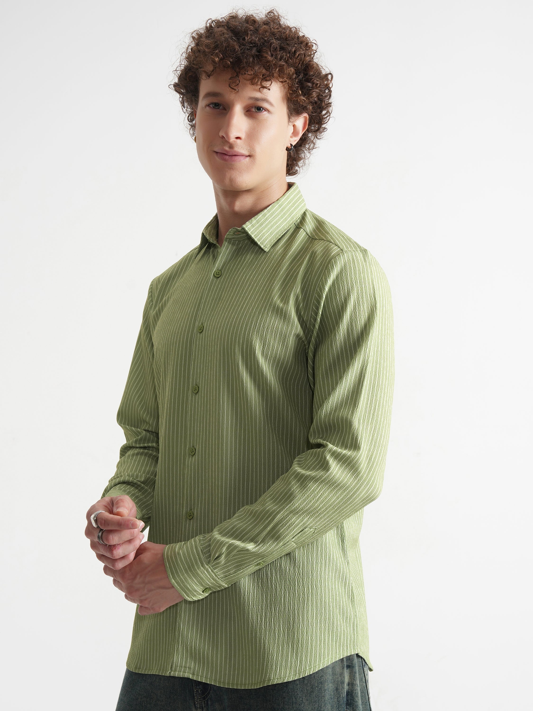 Highlander Men Olive Striped Slim Fit Casual Shirt - Olive - Image 4