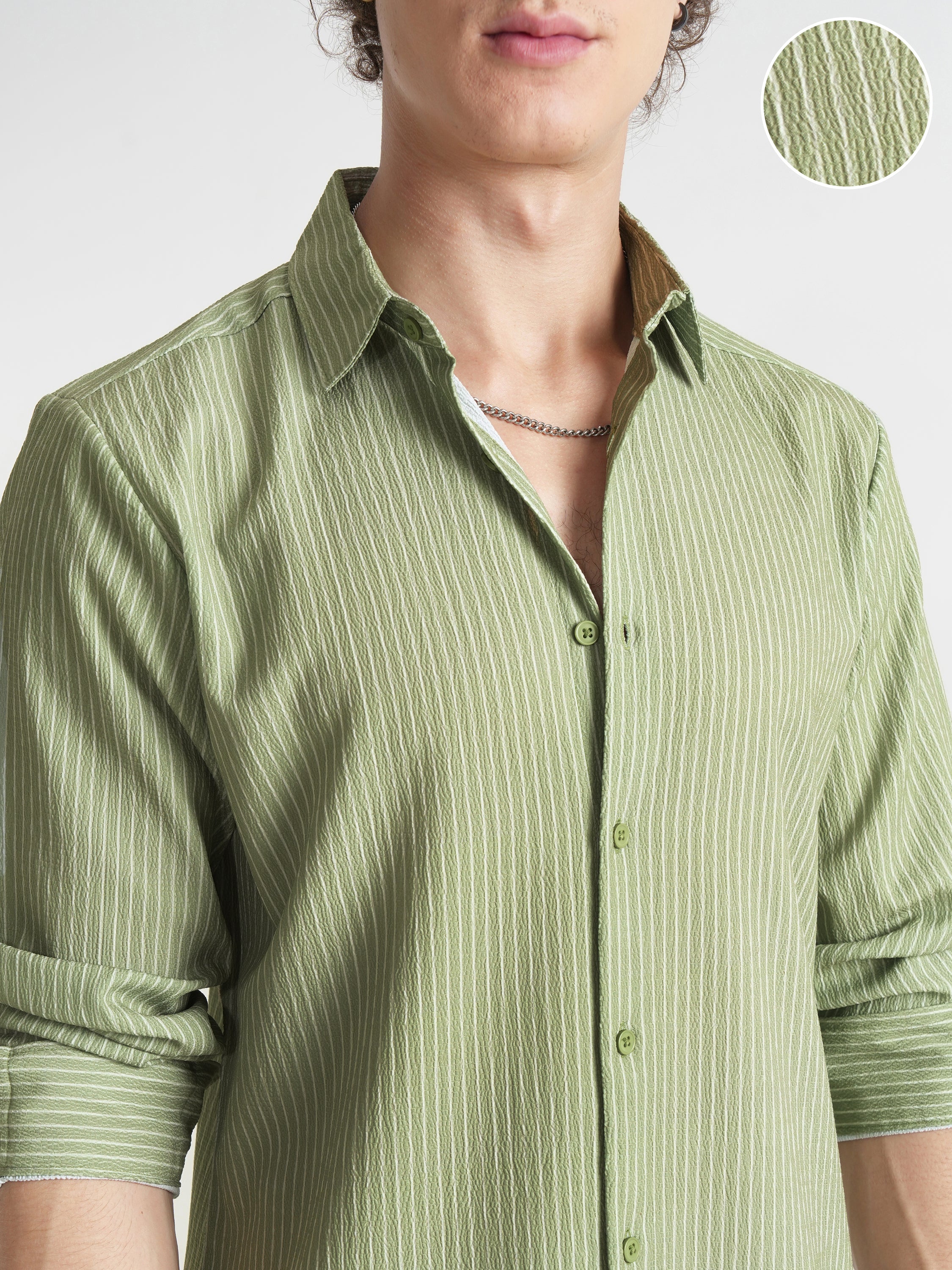 Highlander Men Olive Striped Slim Fit Casual Shirt - Olive - Image 5