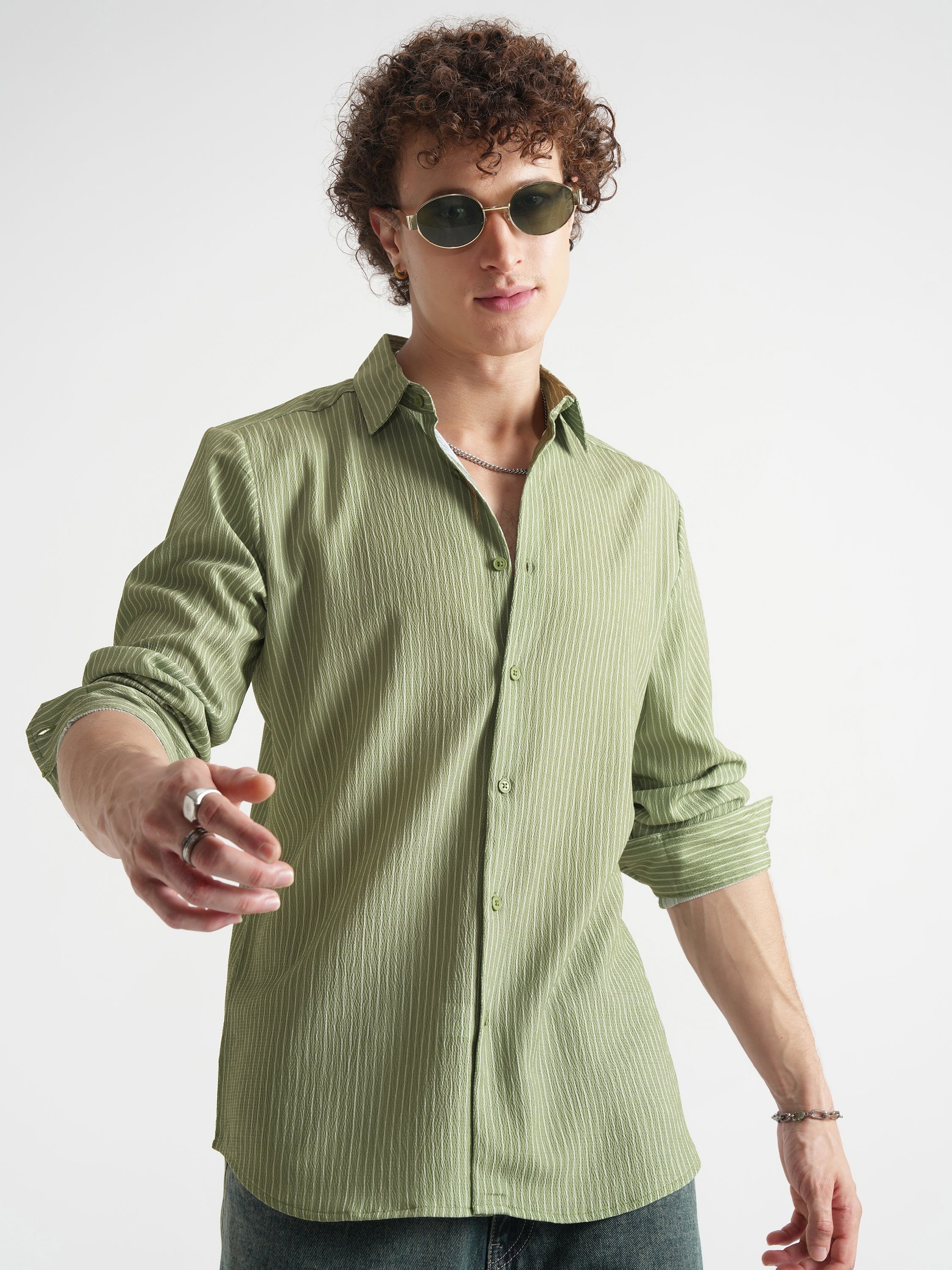 Highlander Men Olive Striped Slim Fit Casual Shirt - Olive - Image 6