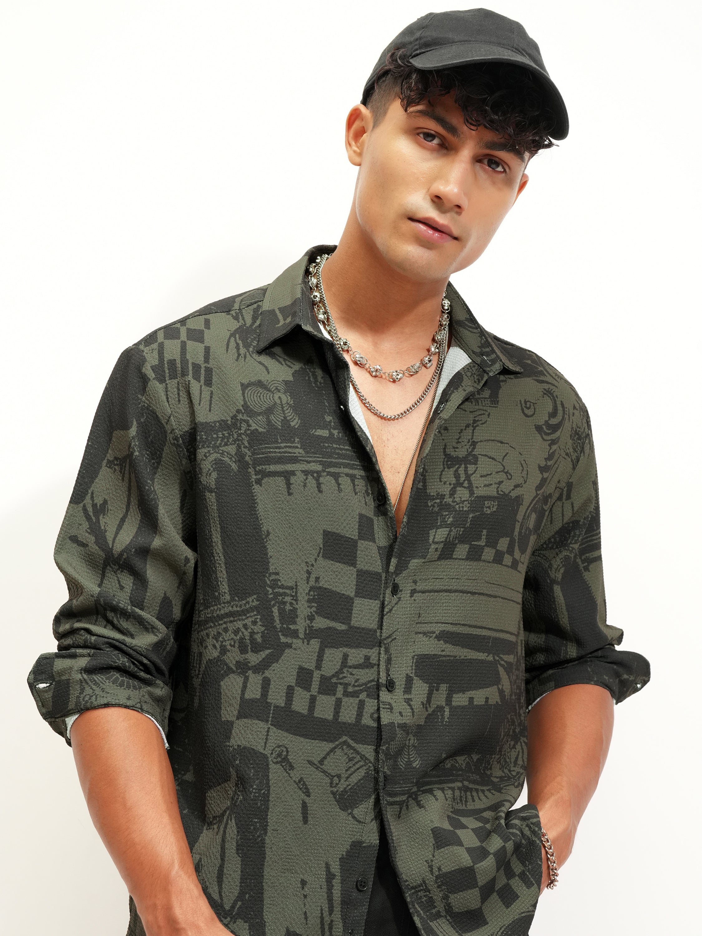 Highlander Men Olive Printed Relaxed Fit Casual Shirt - Olive - Image 1