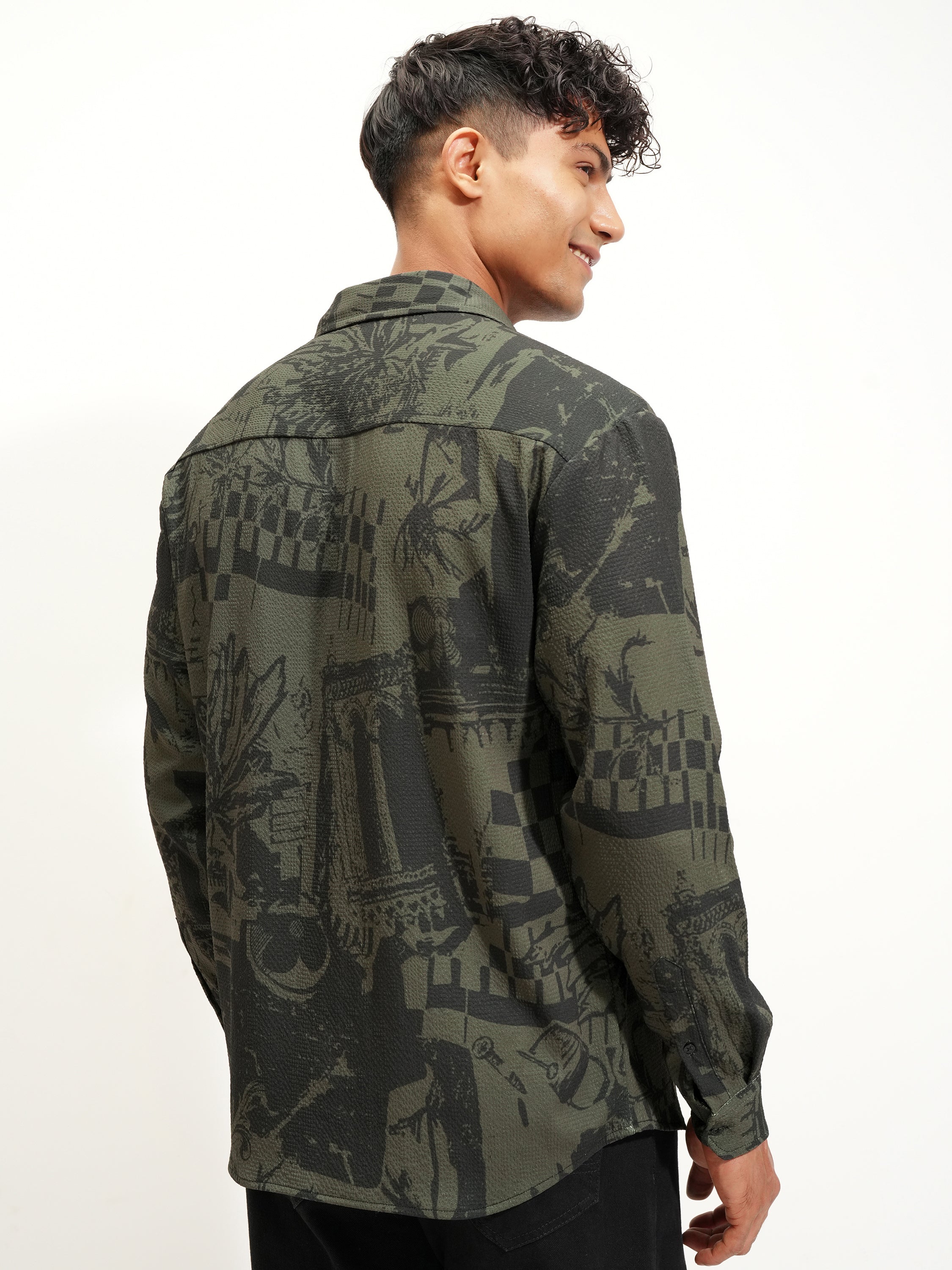 Highlander Men Olive Printed Relaxed Fit Casual Shirt - Olive - Image 3