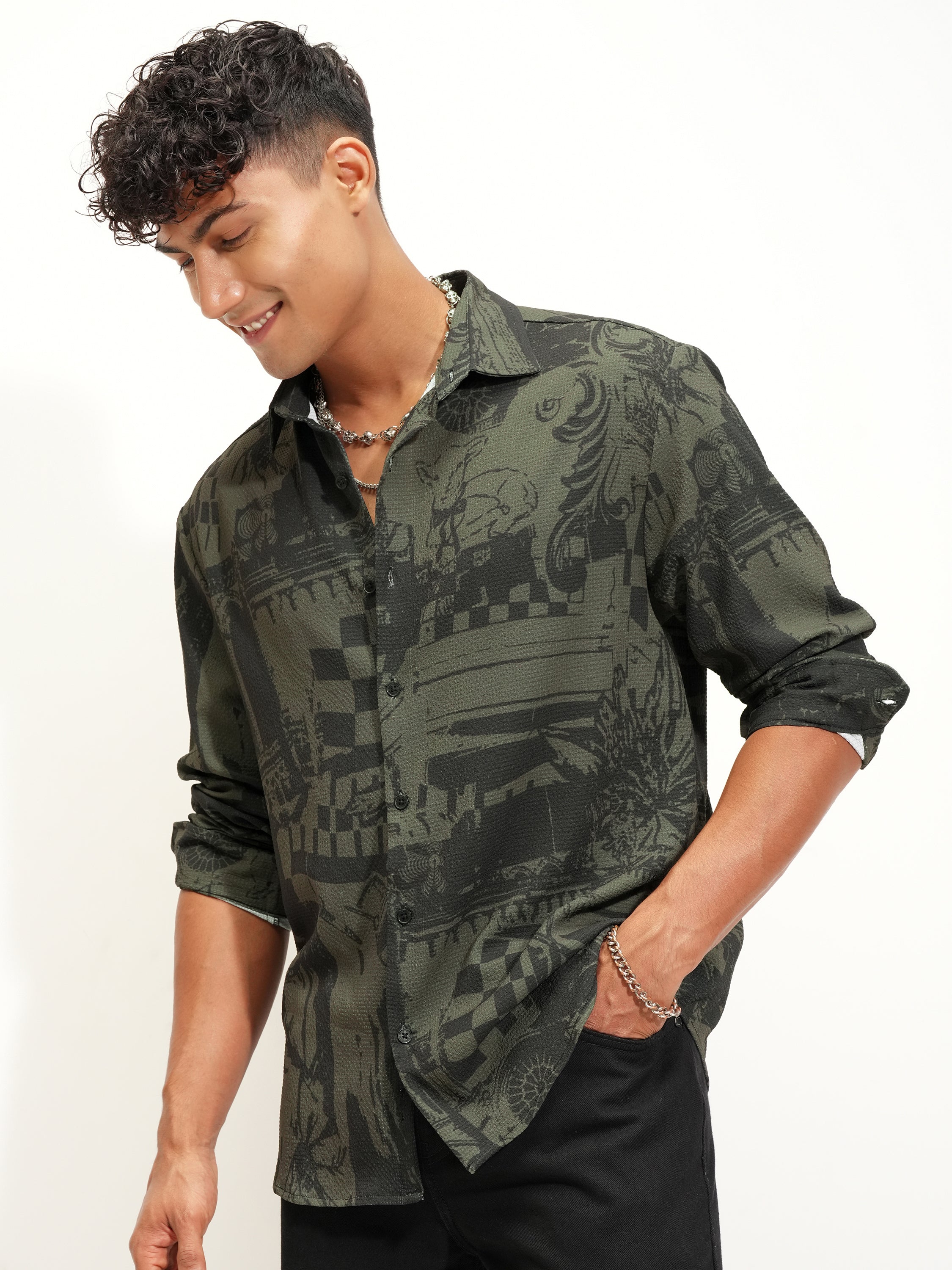 Highlander Men Olive Printed Relaxed Fit Casual Shirt - Olive - Image 4