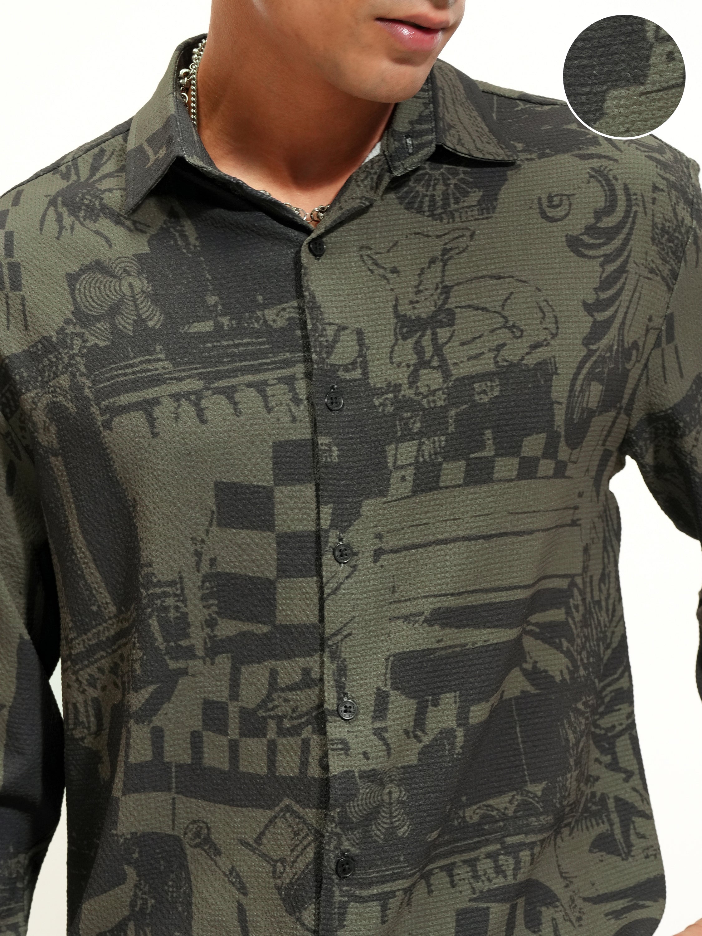 Highlander Men Olive Printed Relaxed Fit Casual Shirt - Olive - Image 5