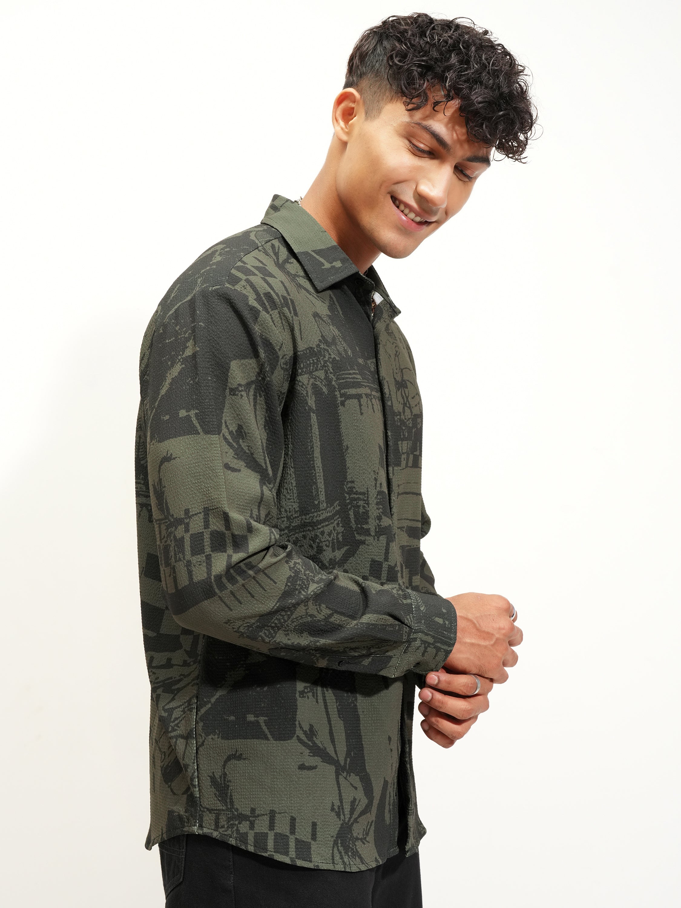 Highlander Men Olive Printed Relaxed Fit Casual Shirt - Olive - Image 6