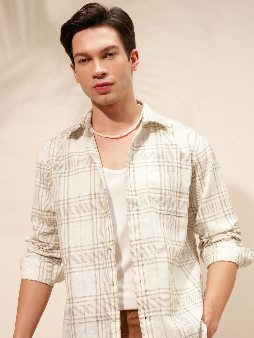 Highlander Men Cream Checked Relaxed Fit Casual Shirt - Cream - Image 1
