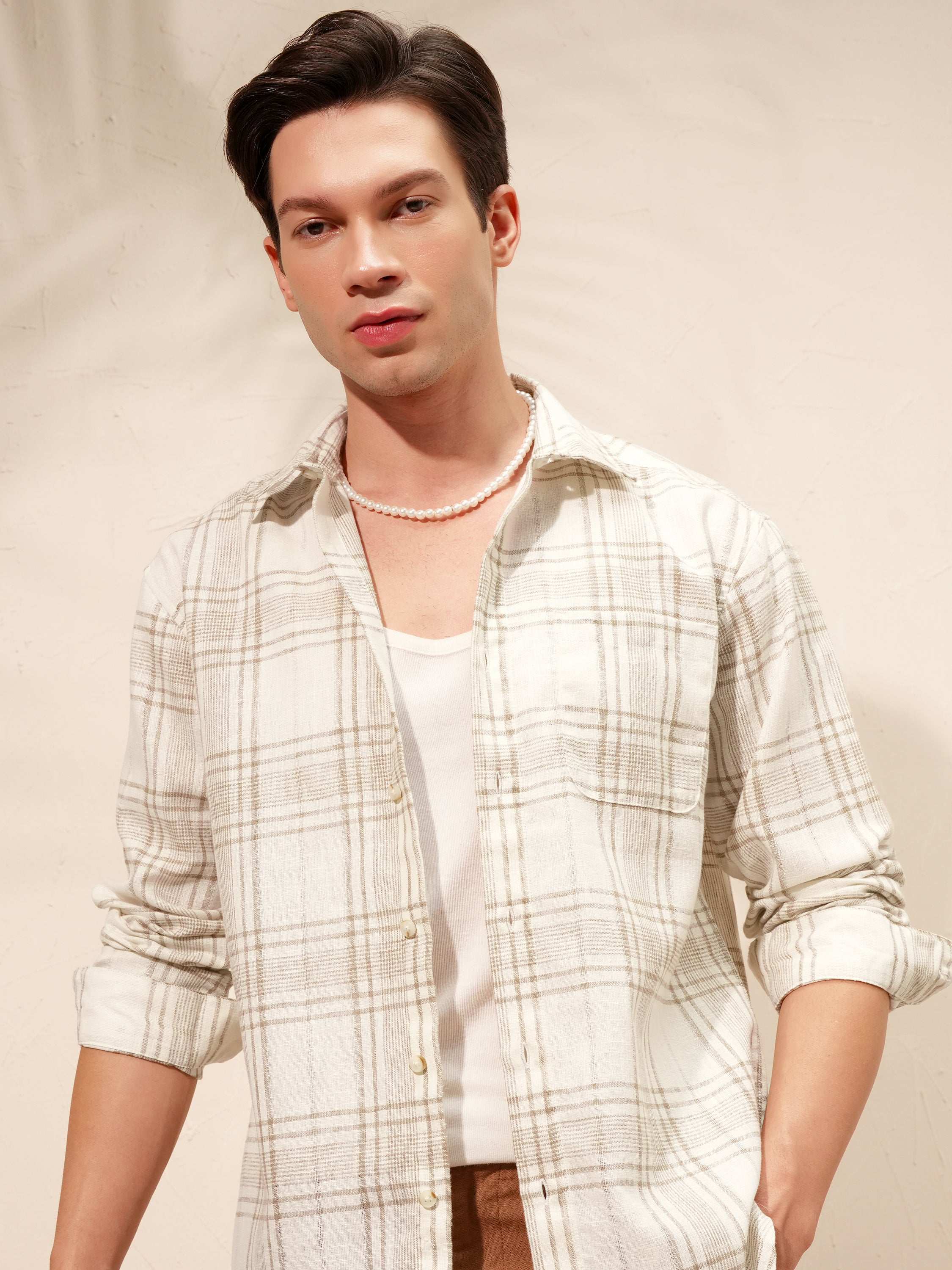 Highlander Men Cream Checked Relaxed Fit Casual Shirt - Cream - Image 1