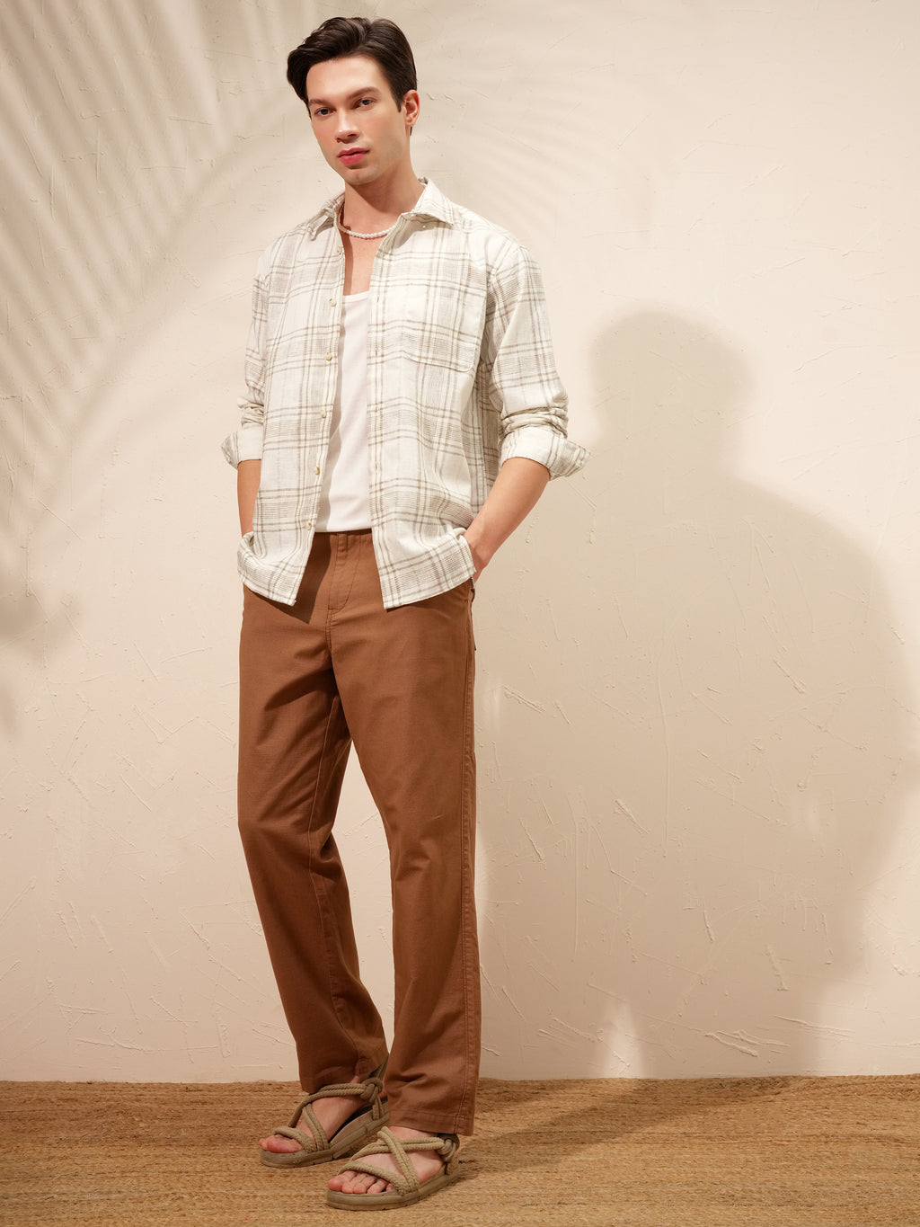 Highlander Men Cream Checked Relaxed Fit Casual Shirt - Cream - Image 2