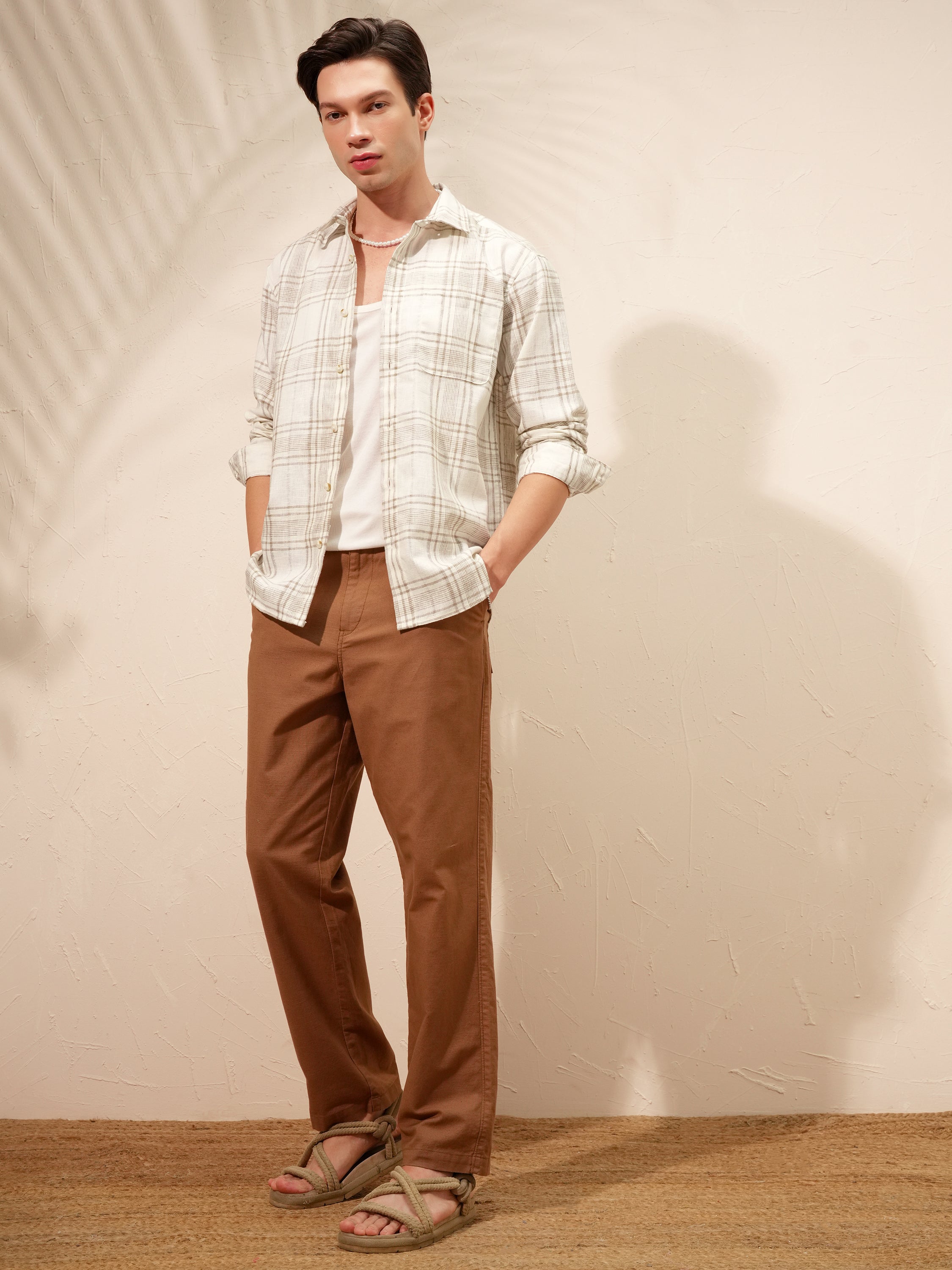 Highlander Men Cream Checked Relaxed Fit Casual Shirt - Cream - Image 2