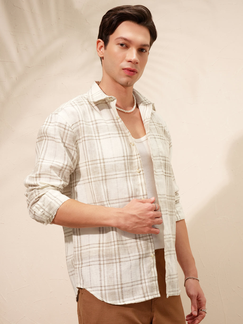 Highlander Men Cream Checked Relaxed Fit Casual Shirt - Cream - Image 6