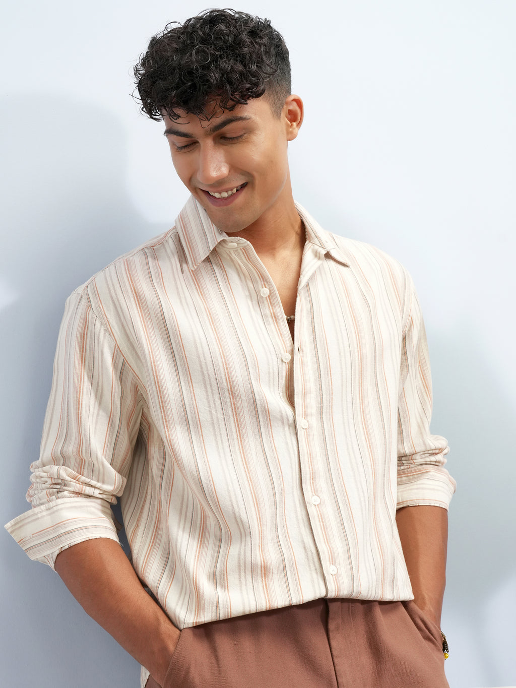 Highlander Men Cream Striped Relaxed Fit Casual Shirt - Cream - Image 1