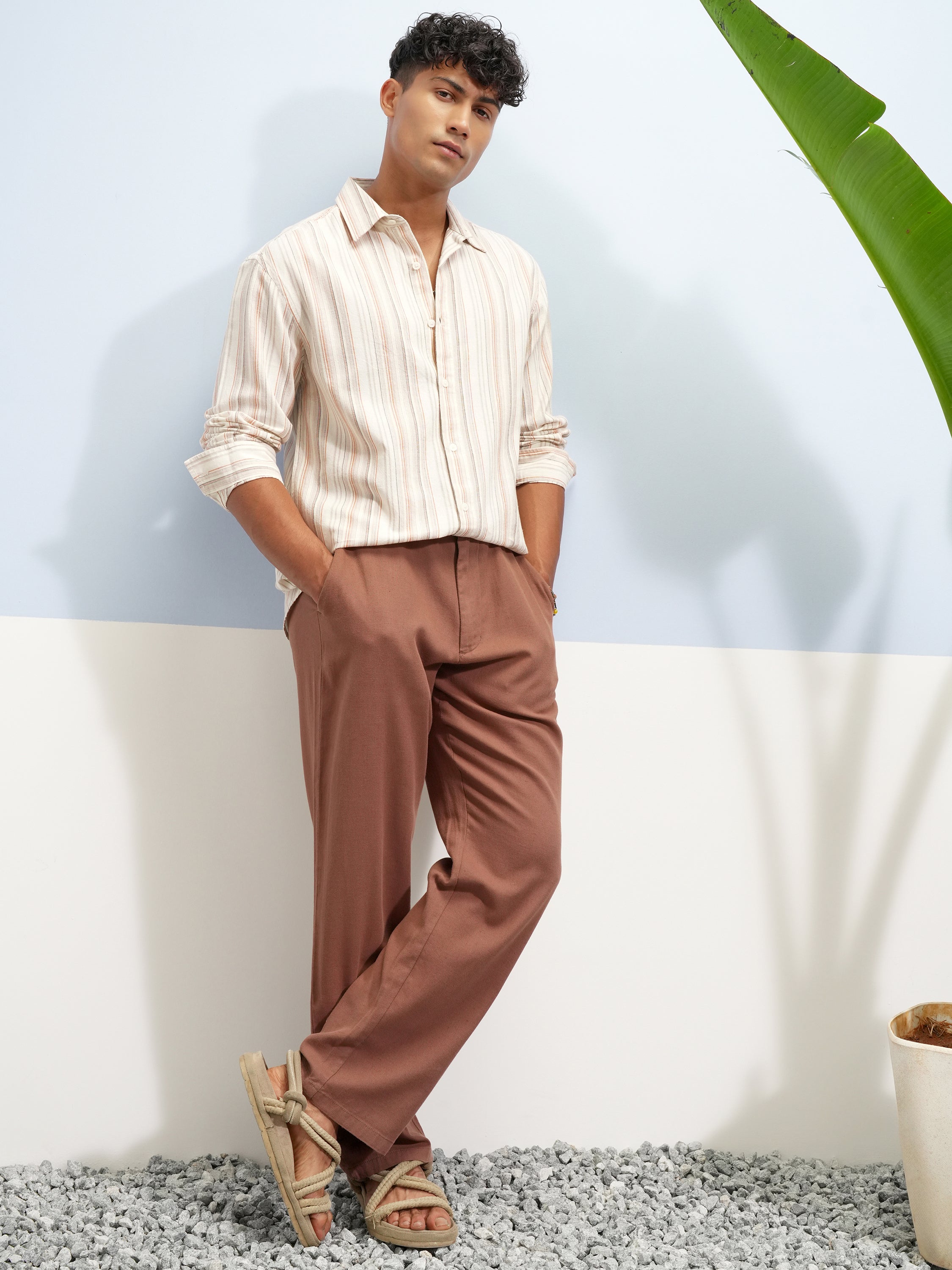 Highlander Men Cream Striped Relaxed Fit Casual Shirt - Cream - Image 2