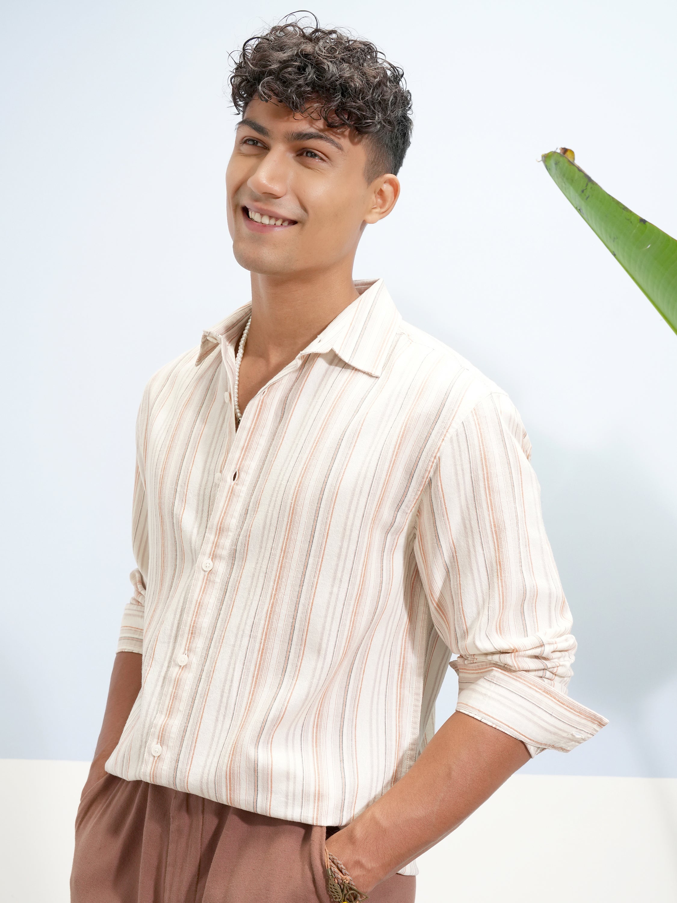 Highlander Men Cream Striped Relaxed Fit Casual Shirt - Cream - Image 4