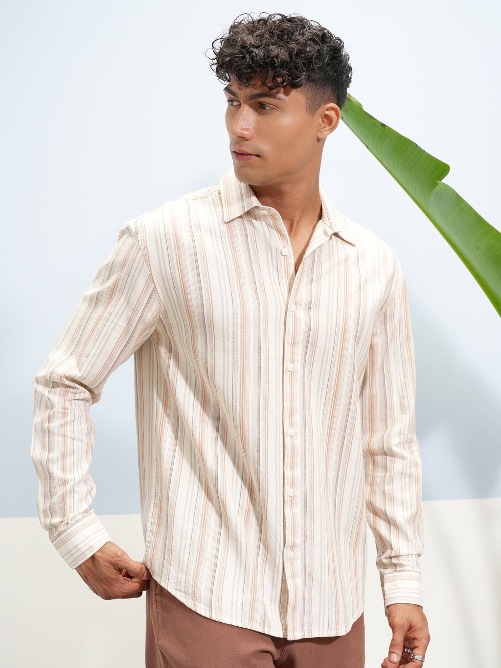 Highlander Men Cream Striped Relaxed Fit Casual Shirt - Cream - Image 6