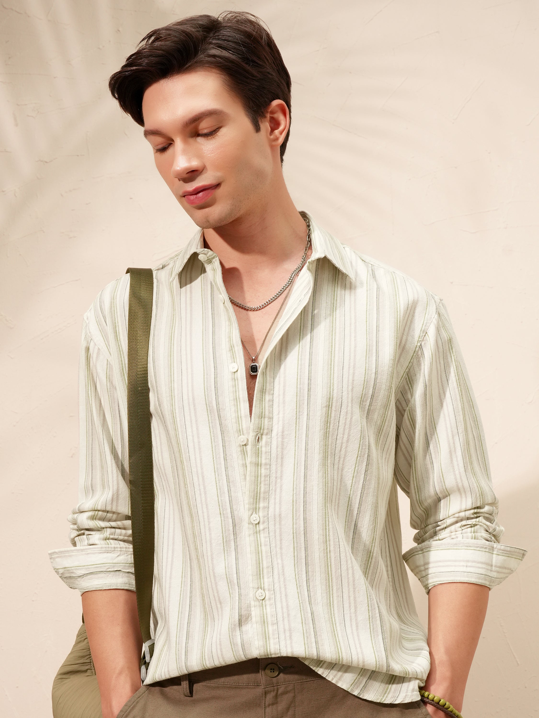 Highlander Men Cream Striped Relaxed Fit Casual Shirt - Cream - Image 1