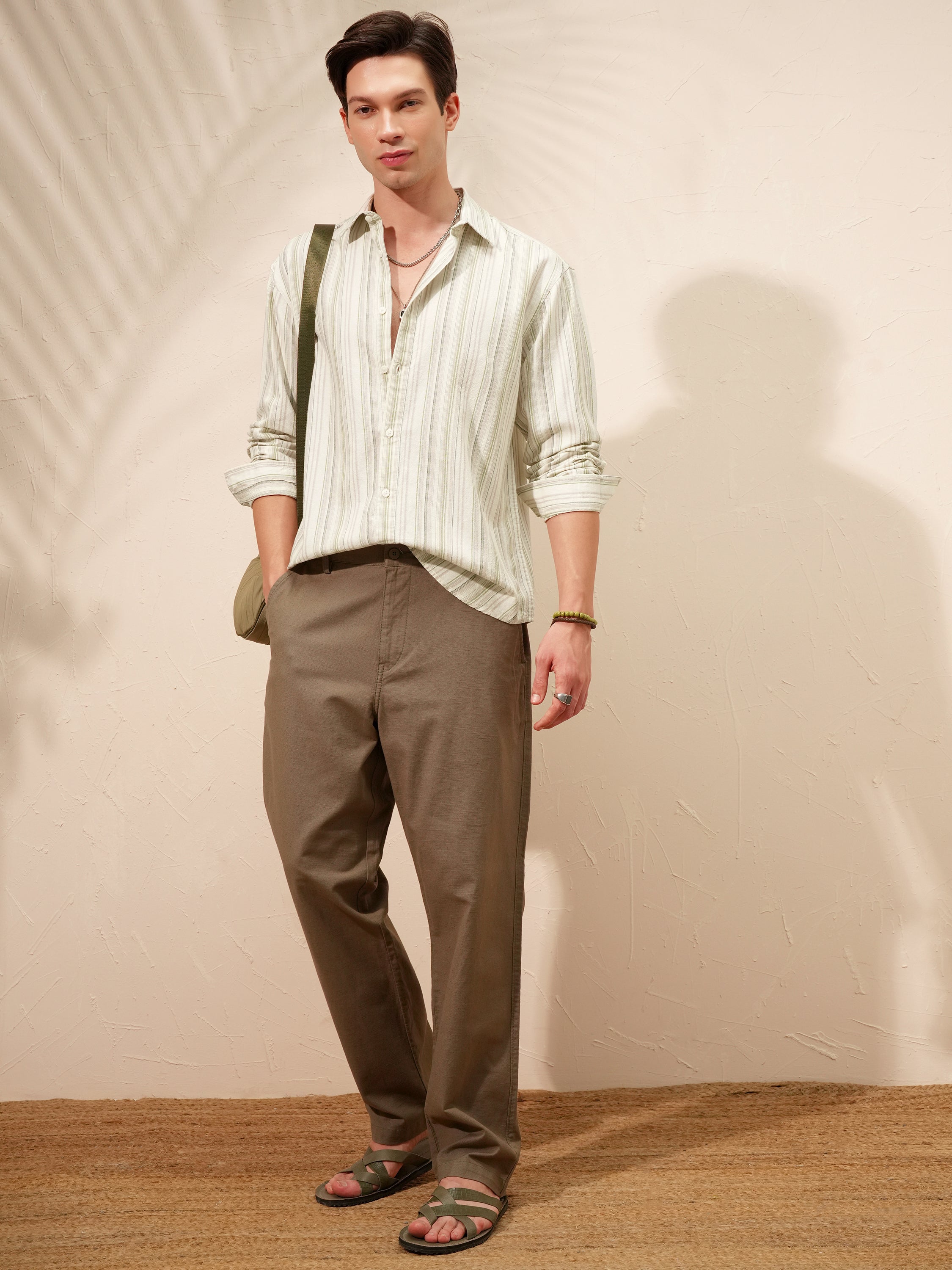 Highlander Men Cream Striped Relaxed Fit Casual Shirt - Cream - Image 2