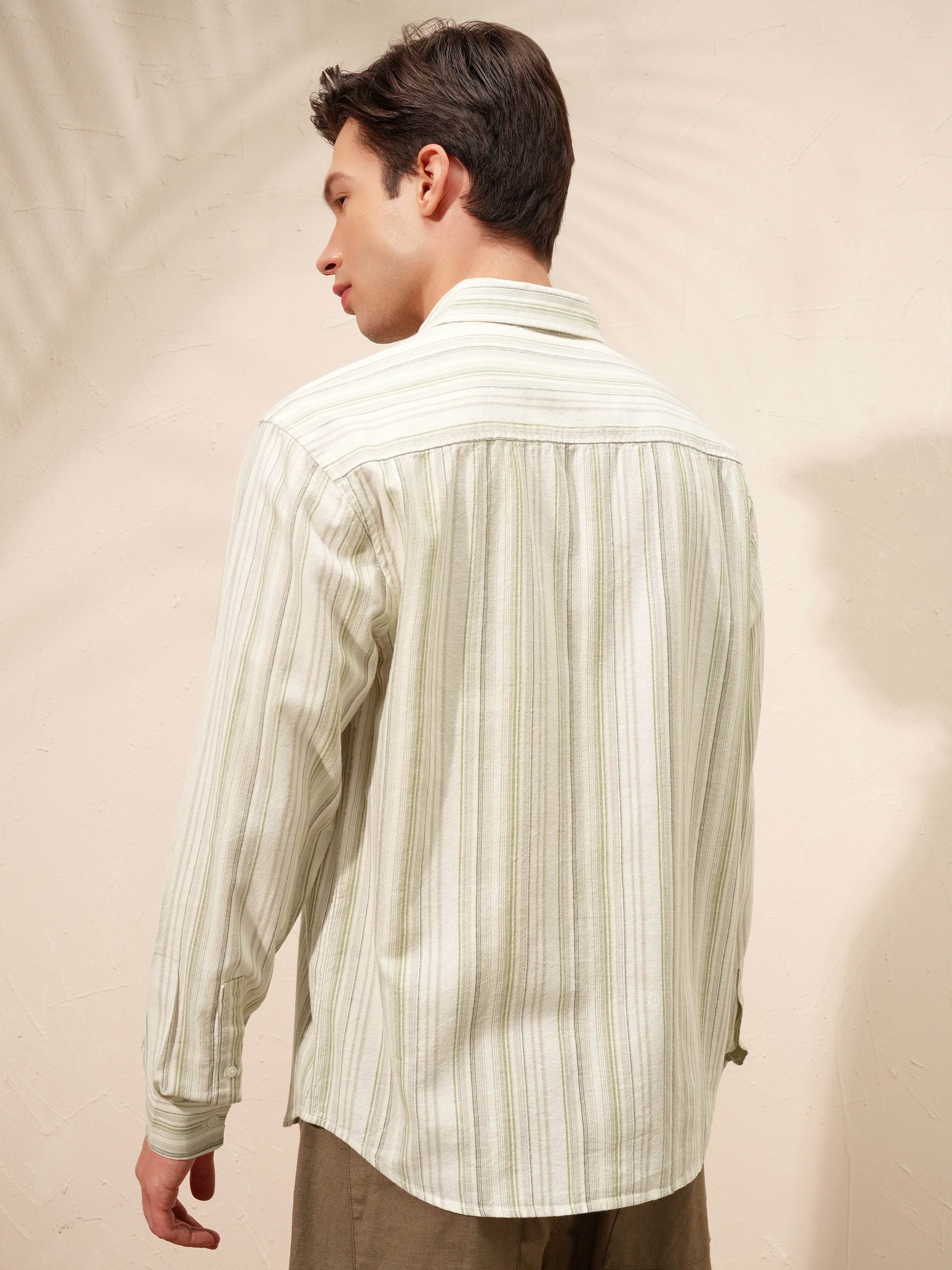 Highlander Men Cream Striped Relaxed Fit Casual Shirt - Cream - Image 3