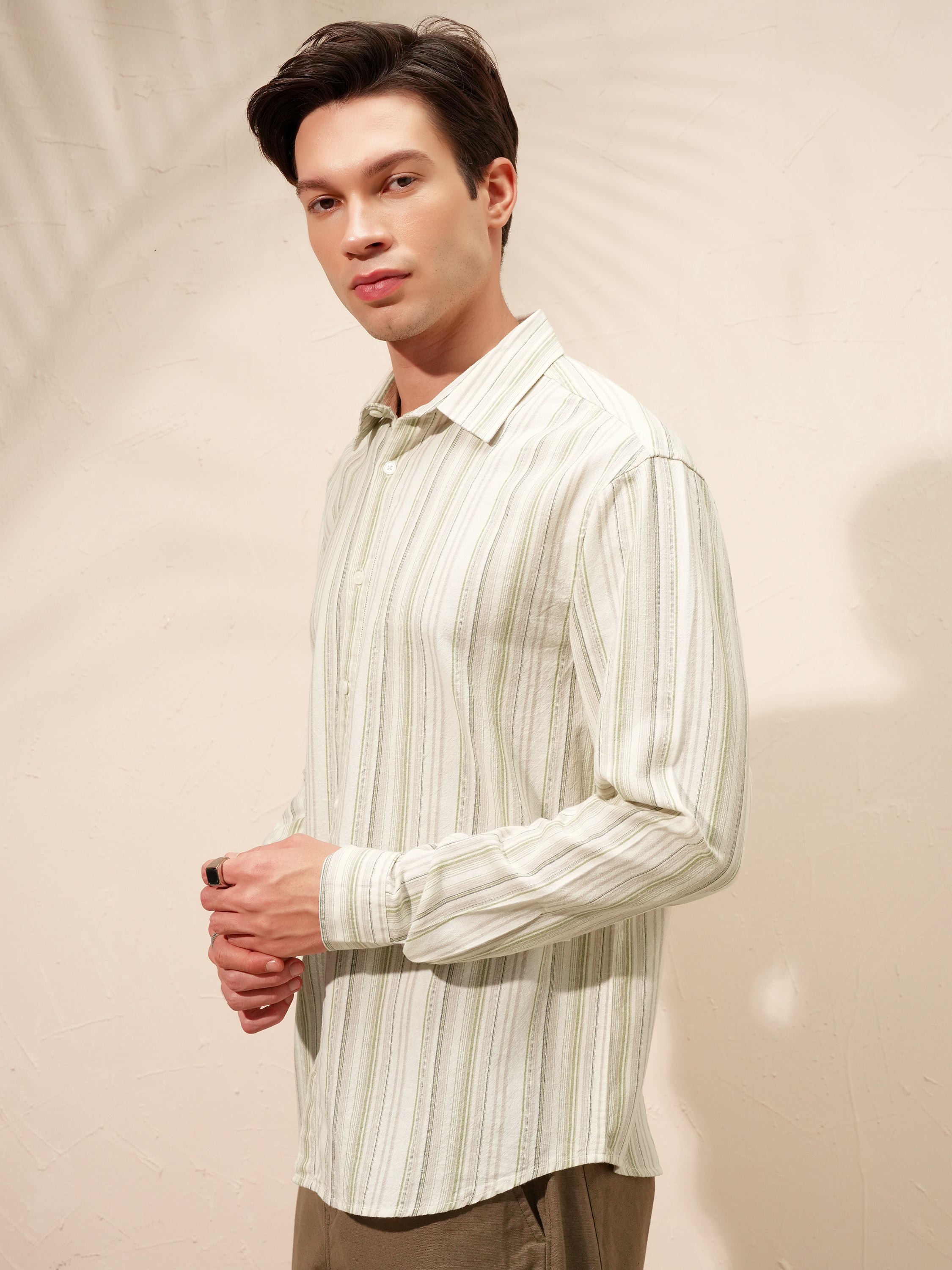 Highlander Men Cream Striped Relaxed Fit Casual Shirt - Cream - Image 4