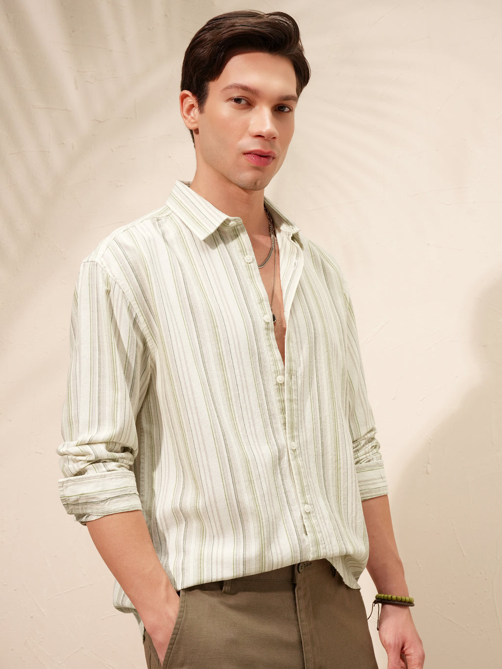 Highlander Men Cream Striped Relaxed Fit Casual Shirt - Cream - Image 6