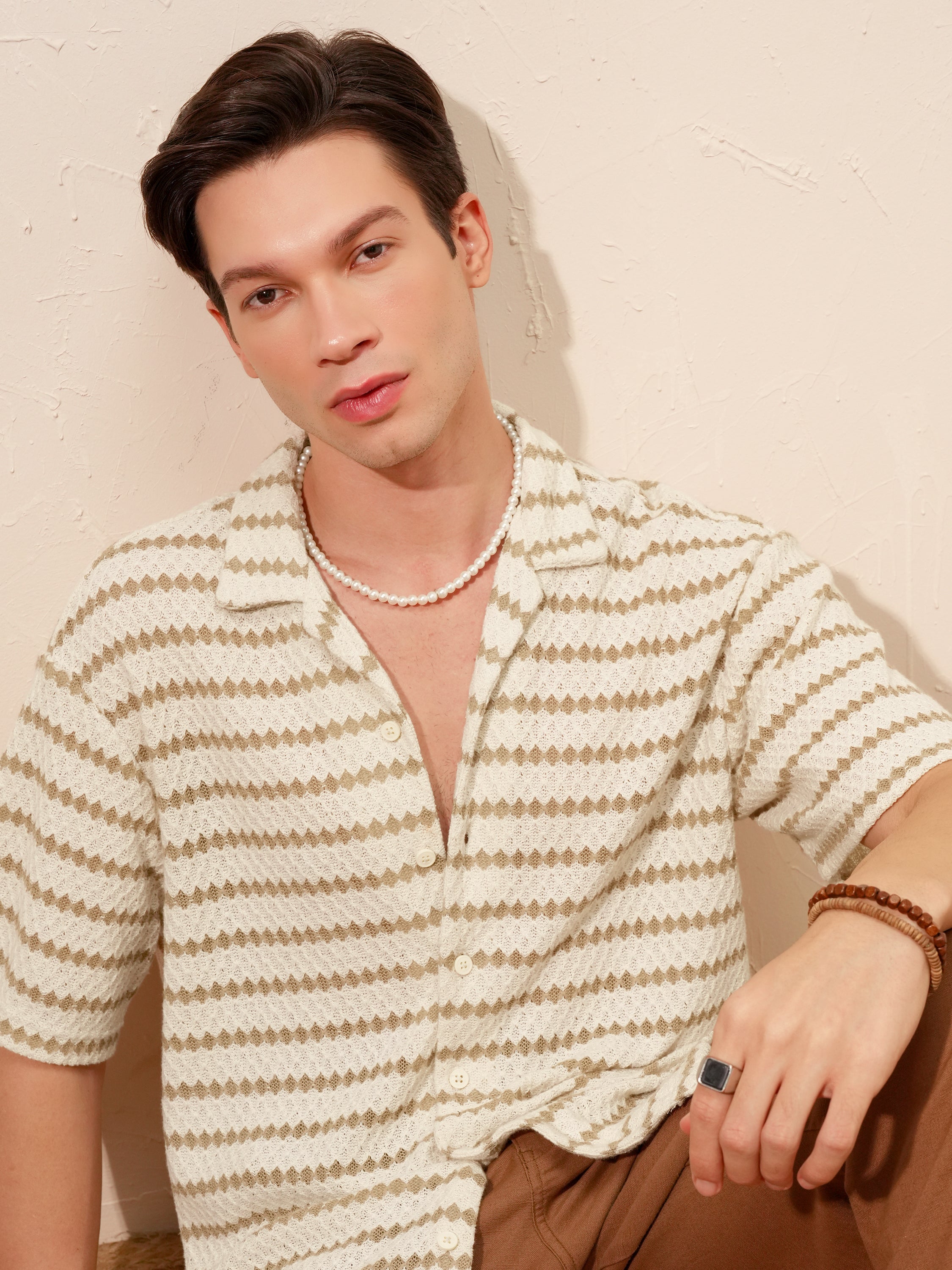 Highlander Men Cream Self Design Relaxed Fit Casual Shirt - Cream - Image 1