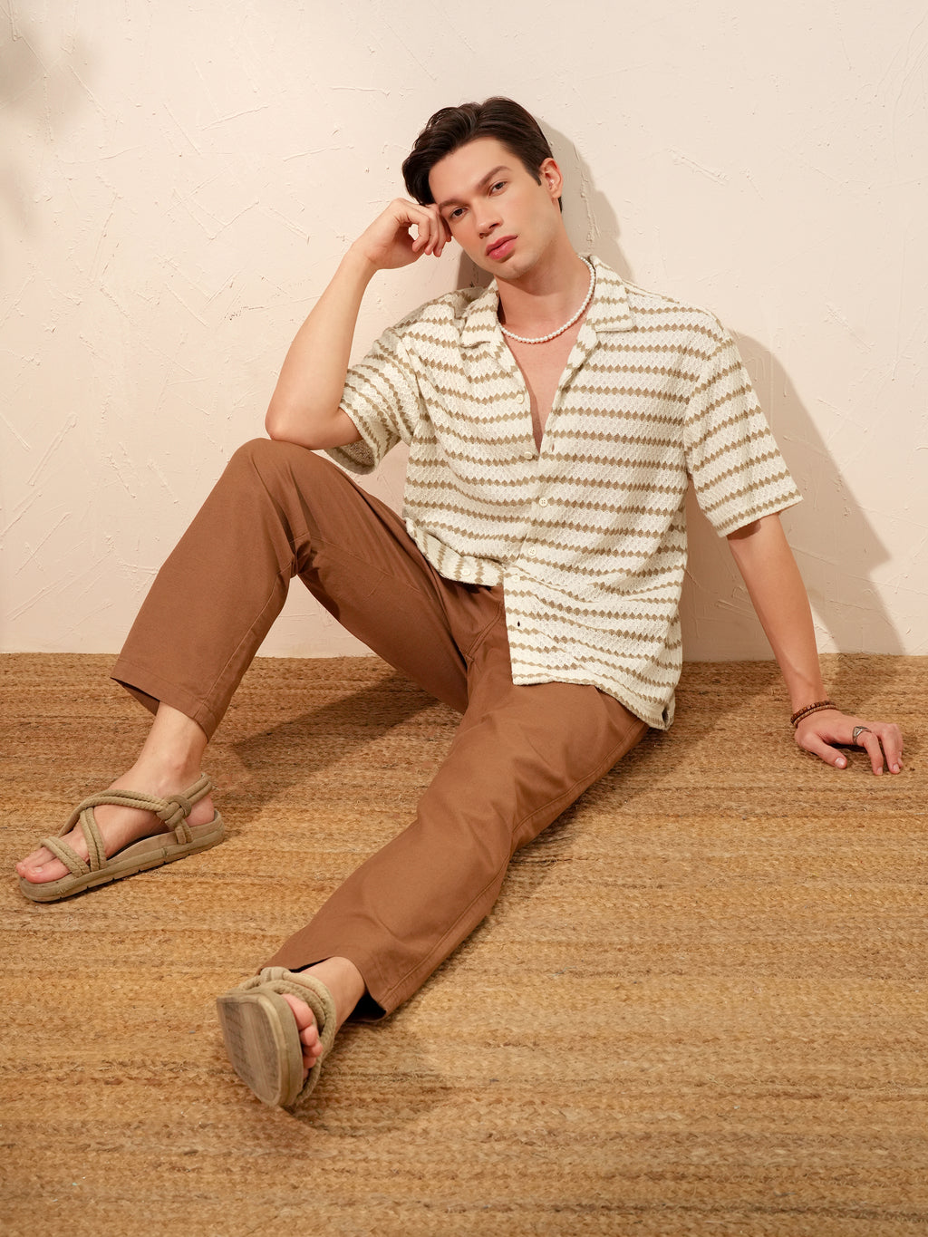Highlander Men Cream Self Design Relaxed Fit Casual Shirt - Cream - Image 2