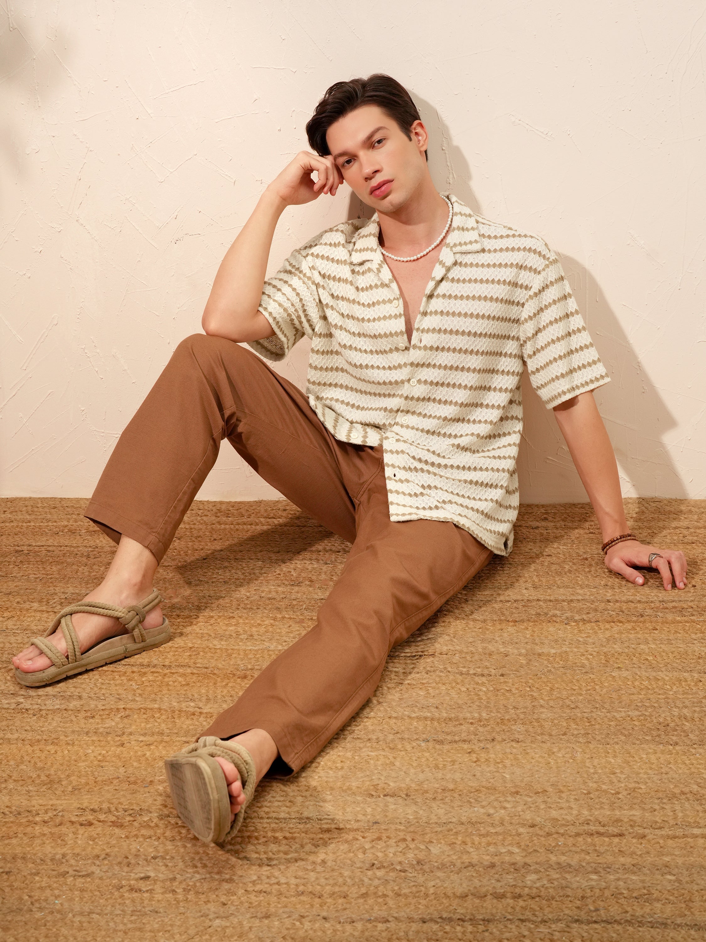 Highlander Men Cream Self Design Relaxed Fit Casual Shirt - Cream - Image 2