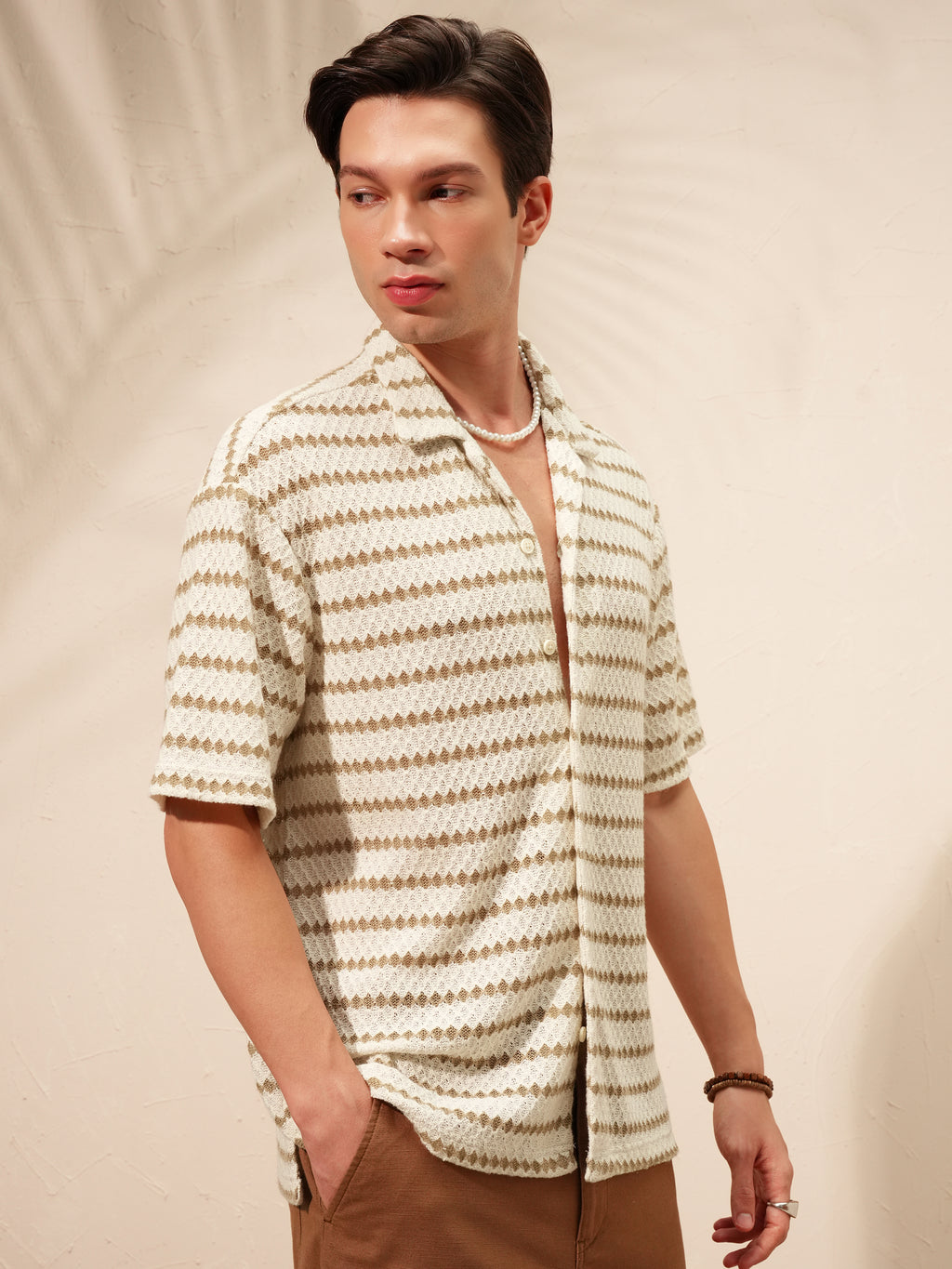 Highlander Men Cream Self Design Relaxed Fit Casual Shirt - Cream - Image 6