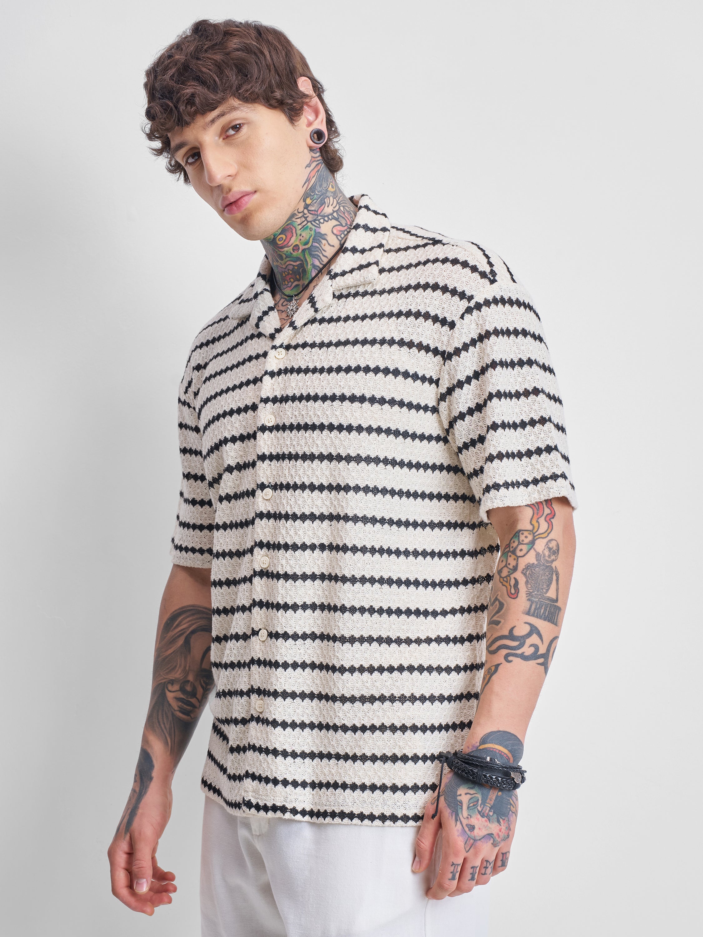 Highlander Men Cream Self Design Relaxed Fit Casual Shirt - Cream - Image 4