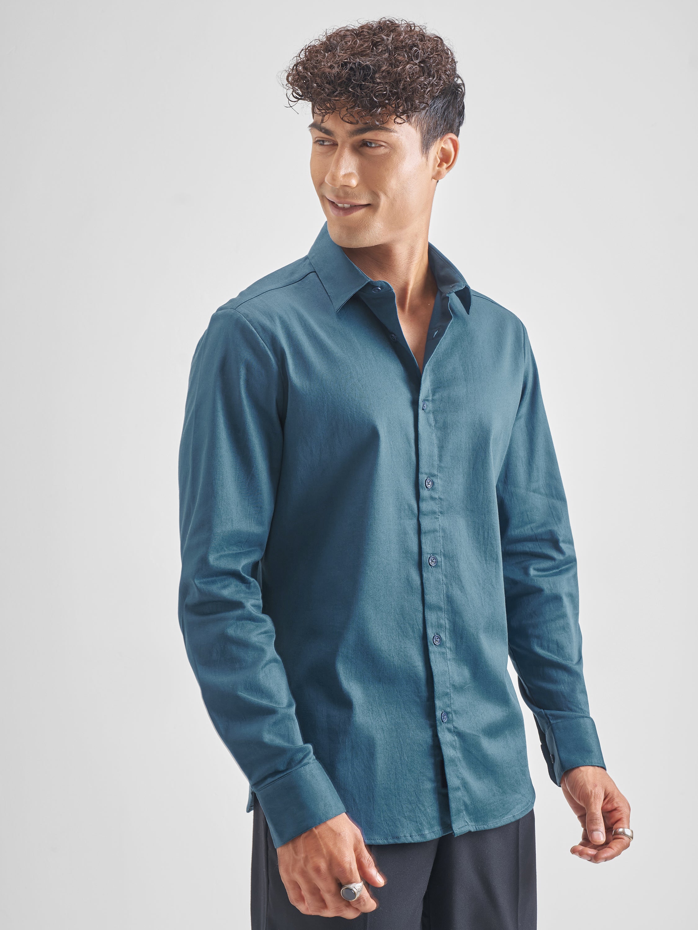 Highlander Men Teal Solid Slim Fit Casual Shirt - Teal - Image 6