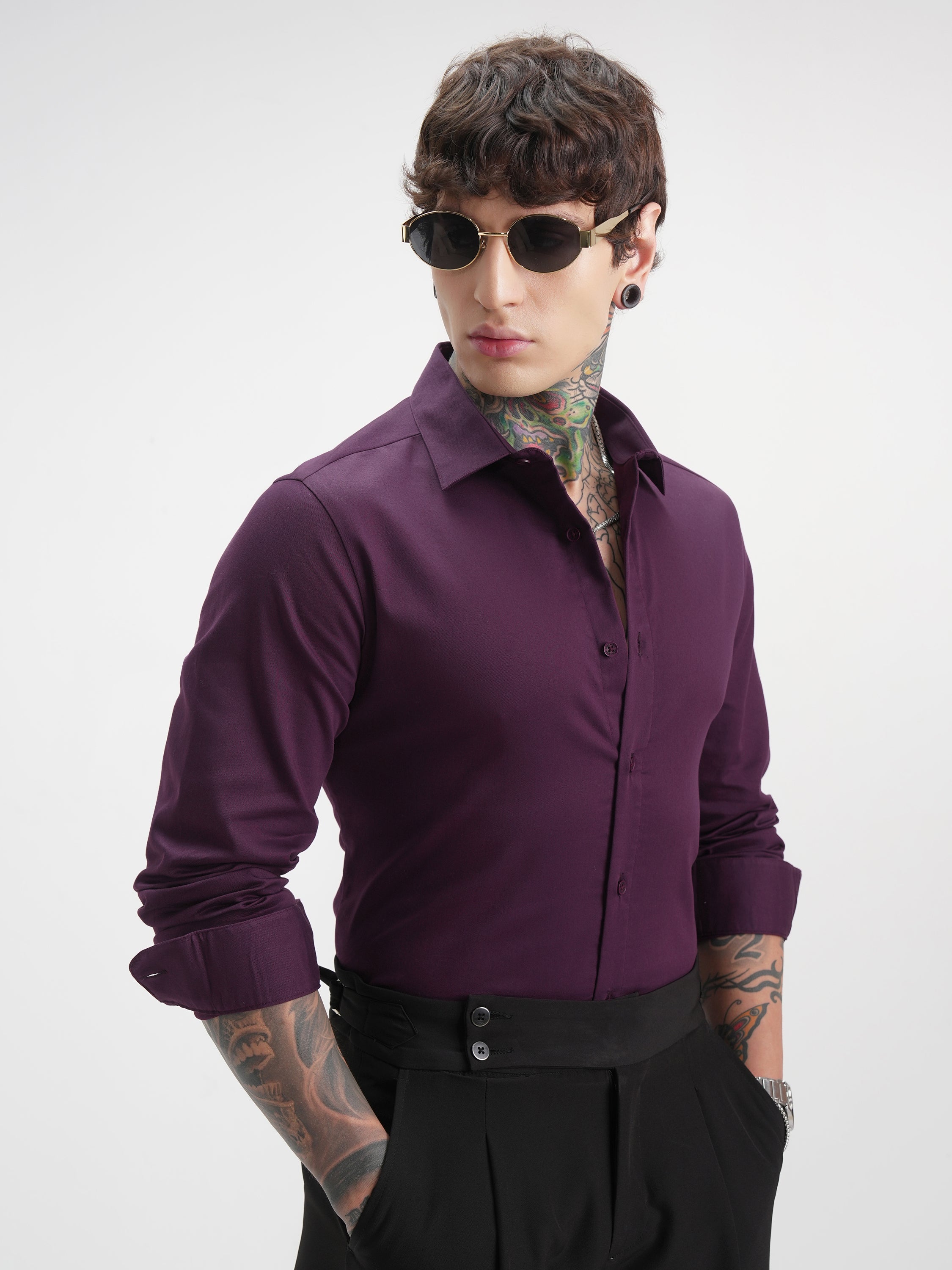 Highlander Men Purple Solid Slim Fit Casual Shirt - Purple - Image 6