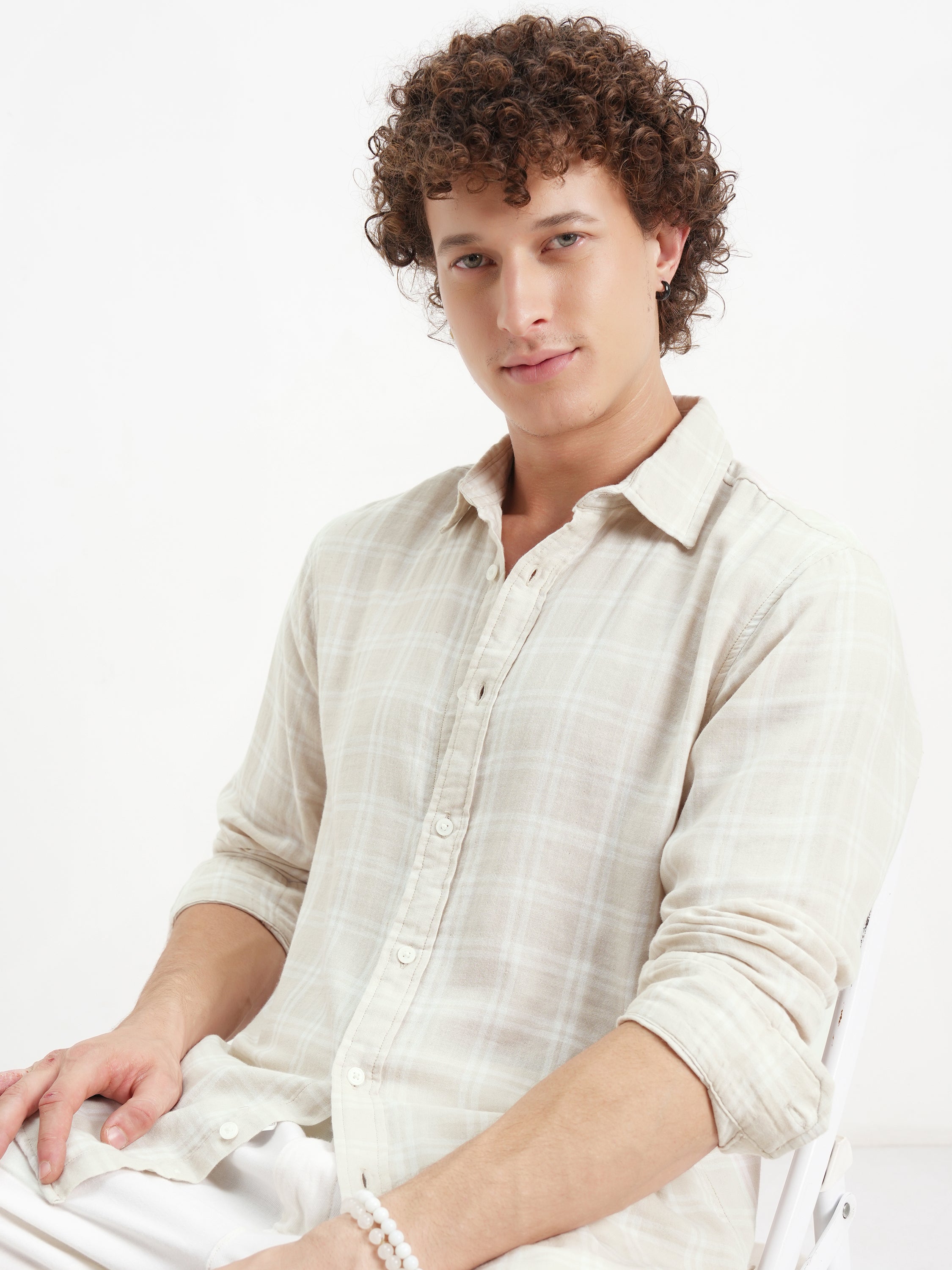 Highlander Men Beige Checked Relaxed Fit Casual Shirt - Beige - Image 1