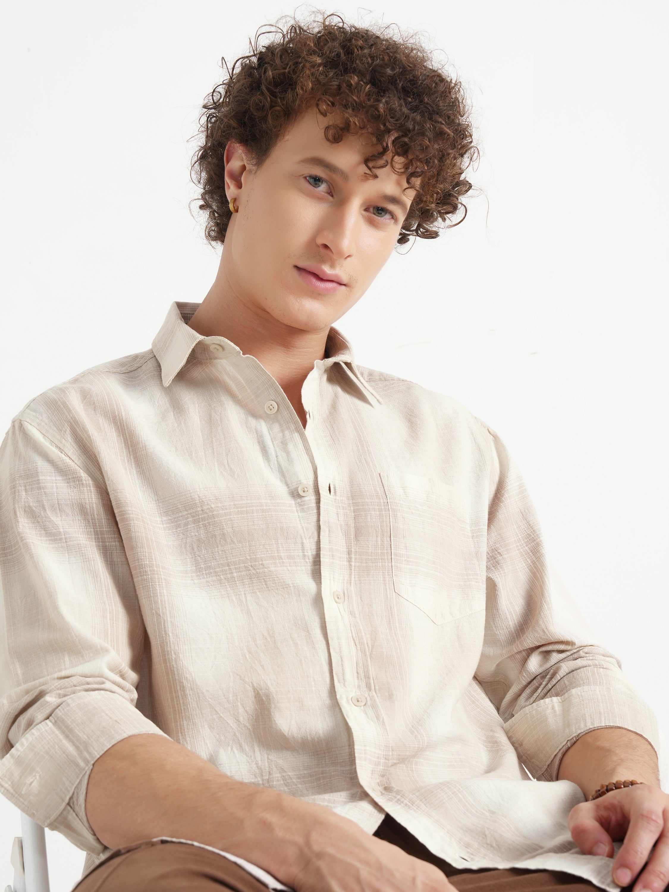 Highlander Men Cream Checked Relaxed Fit Casual Shirt - Cream - Image 1
