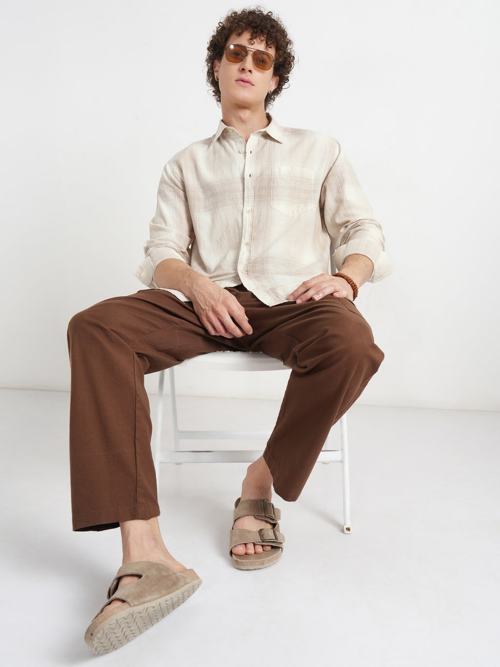 Highlander Men Cream Checked Relaxed Fit Casual Shirt - Cream - Image 2