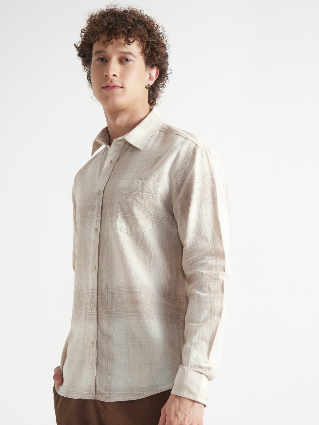 Highlander Men Cream Checked Relaxed Fit Casual Shirt - Cream - Image 4