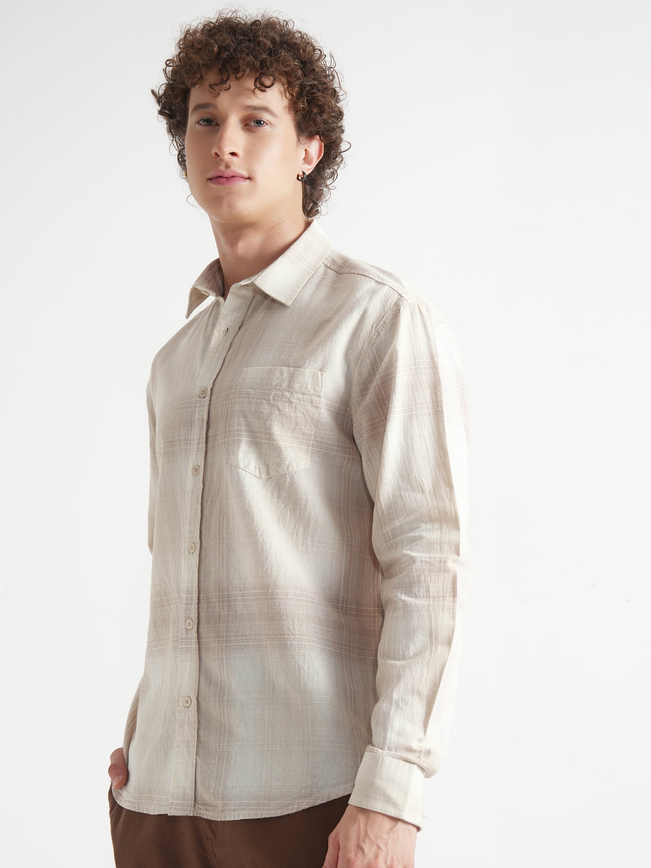 Highlander Men Cream Checked Relaxed Fit Casual Shirt - Cream - Image 4