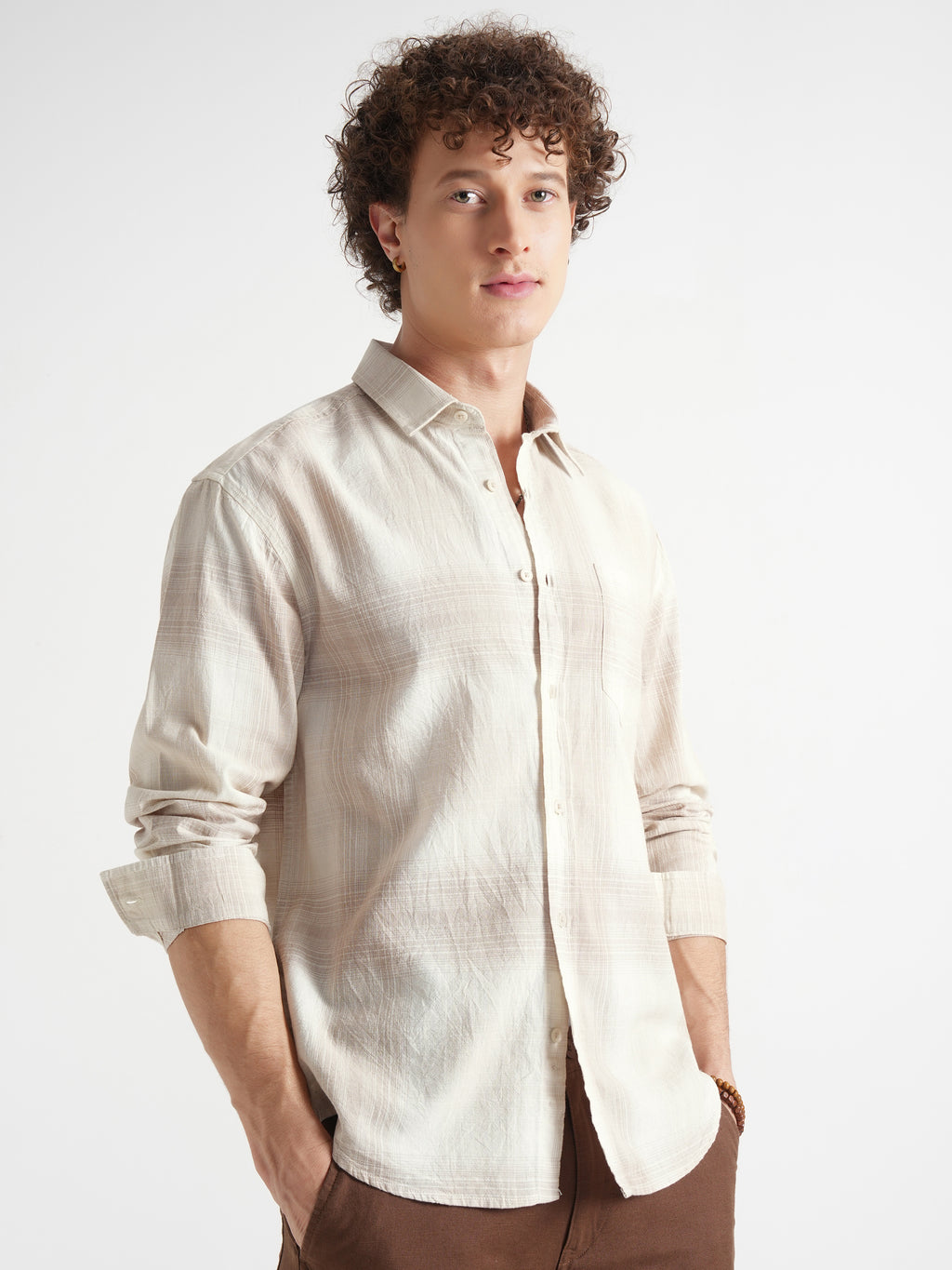 Highlander Men Cream Checked Relaxed Fit Casual Shirt - Cream - Image 6