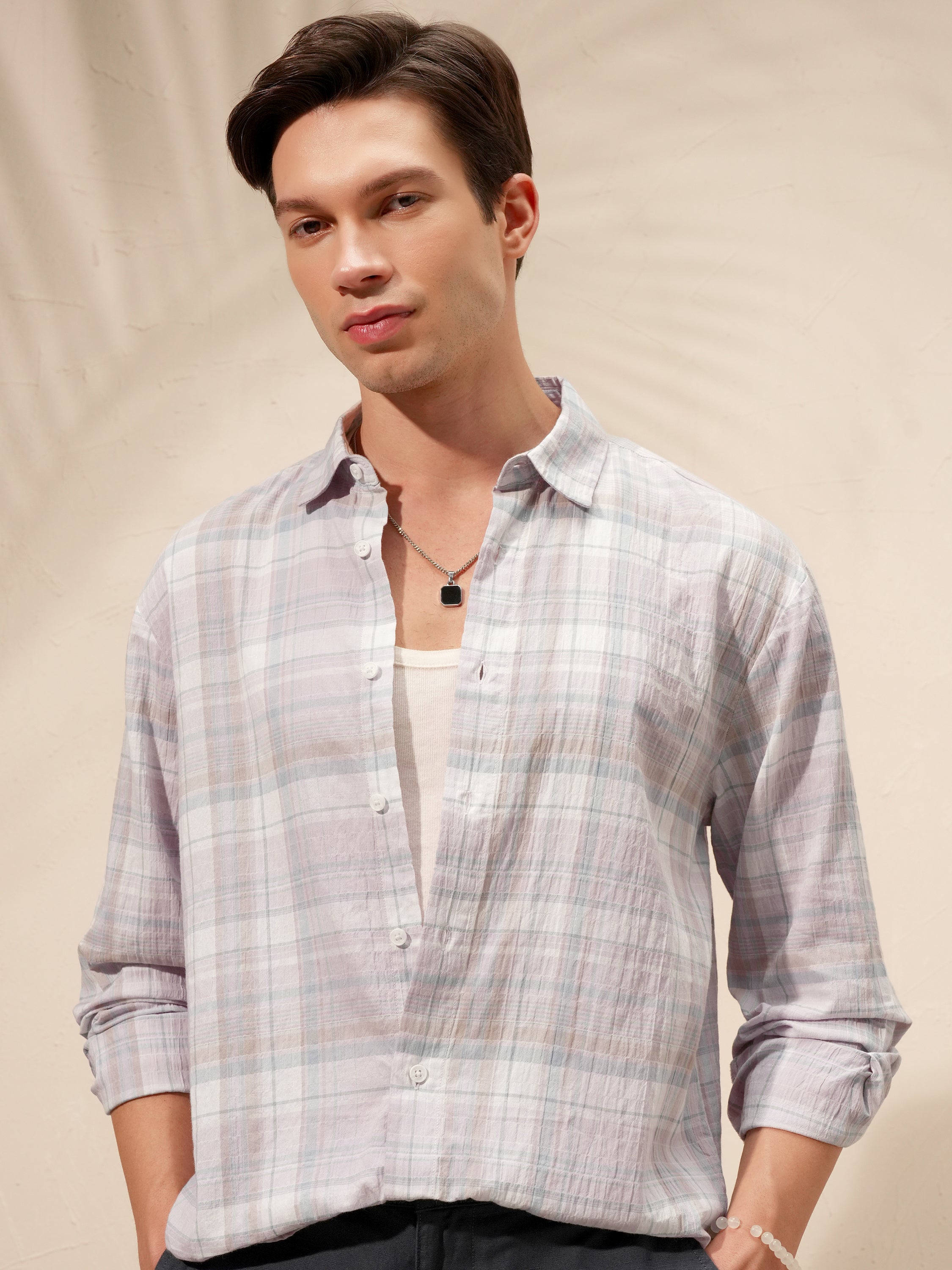 Highlander Men Lavender Checked Relaxed Fit Casual Shirt - Lavender - Image 1