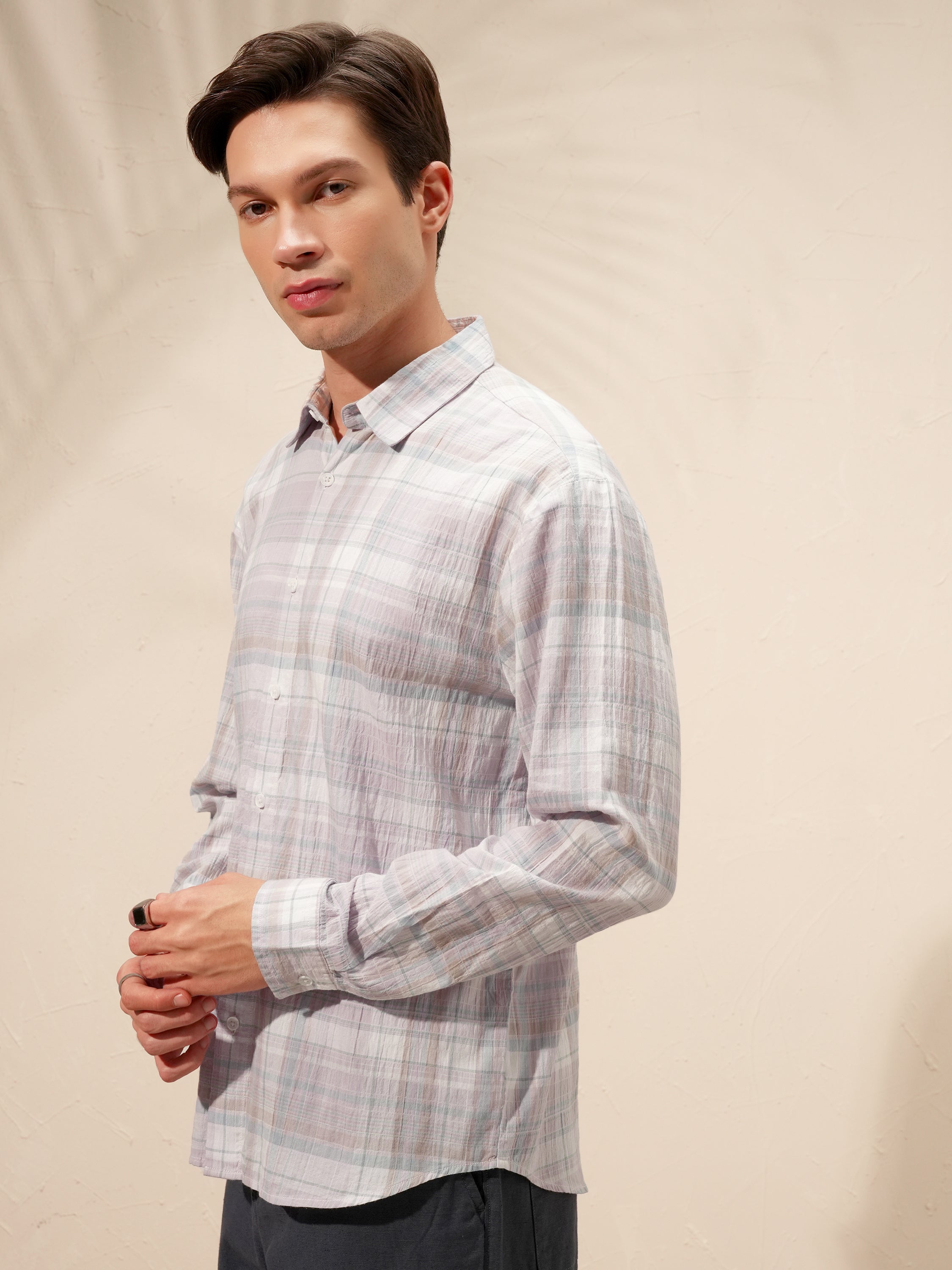 Highlander Men Lavender Checked Relaxed Fit Casual Shirt - Lavender - Image 4