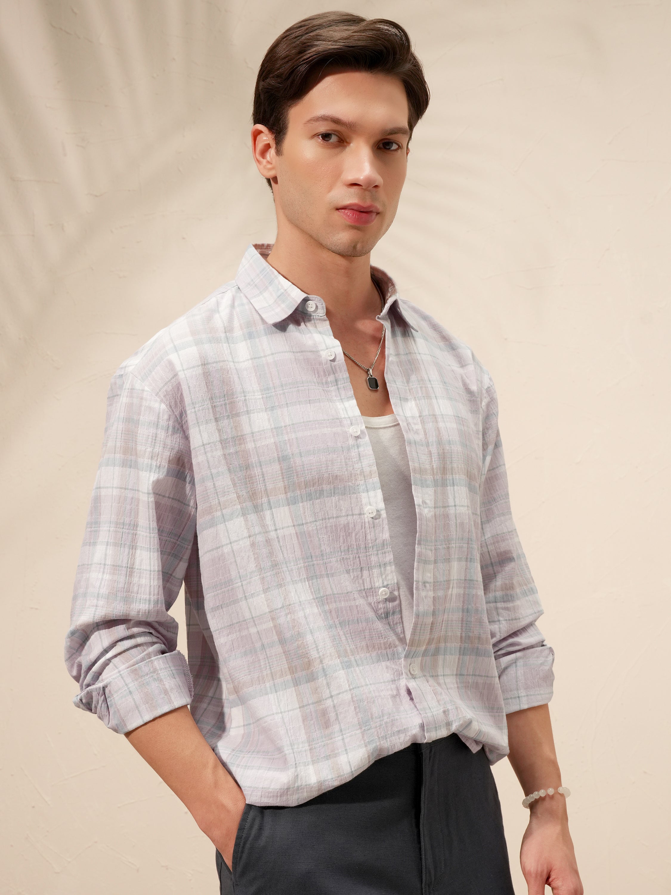 Highlander Men Lavender Checked Relaxed Fit Casual Shirt - Lavender - Image 6