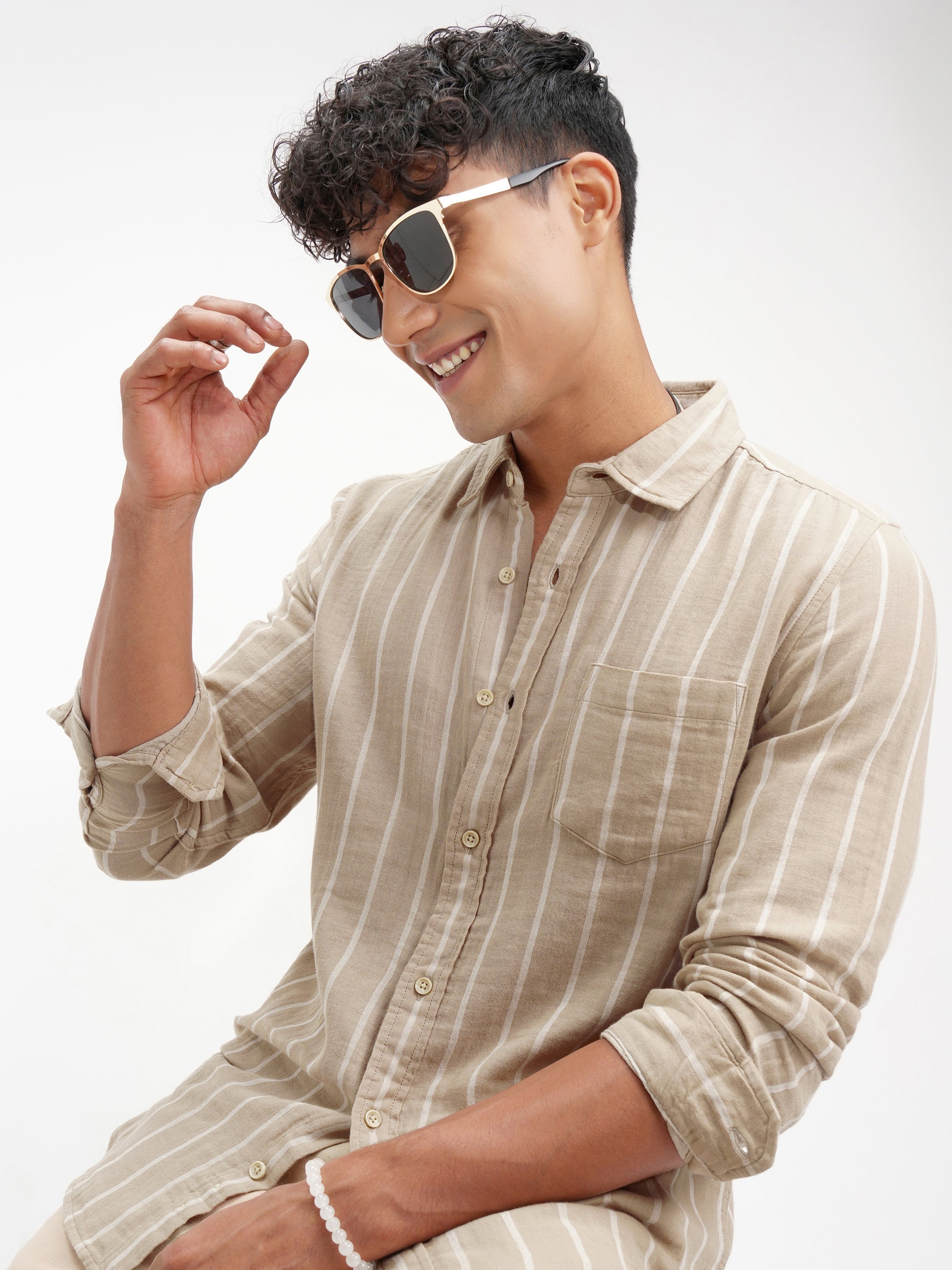 Highlander Men Khaki Striped Slim Fit Casual Shirt - Khaki - Image 1
