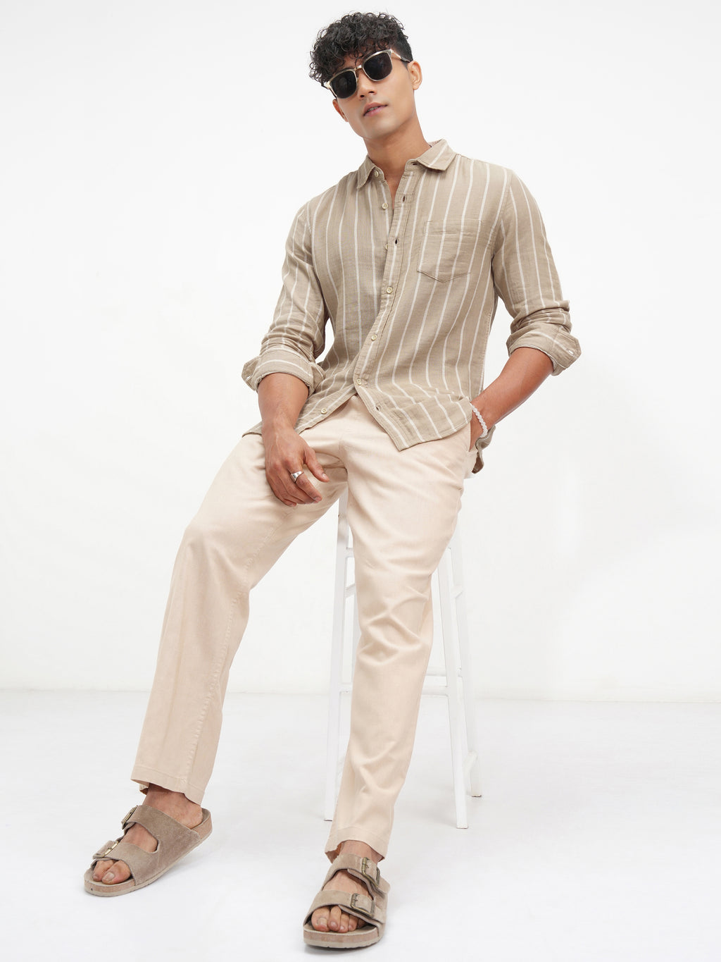 Highlander Men Khaki Striped Slim Fit Casual Shirt - Khaki - Image 2
