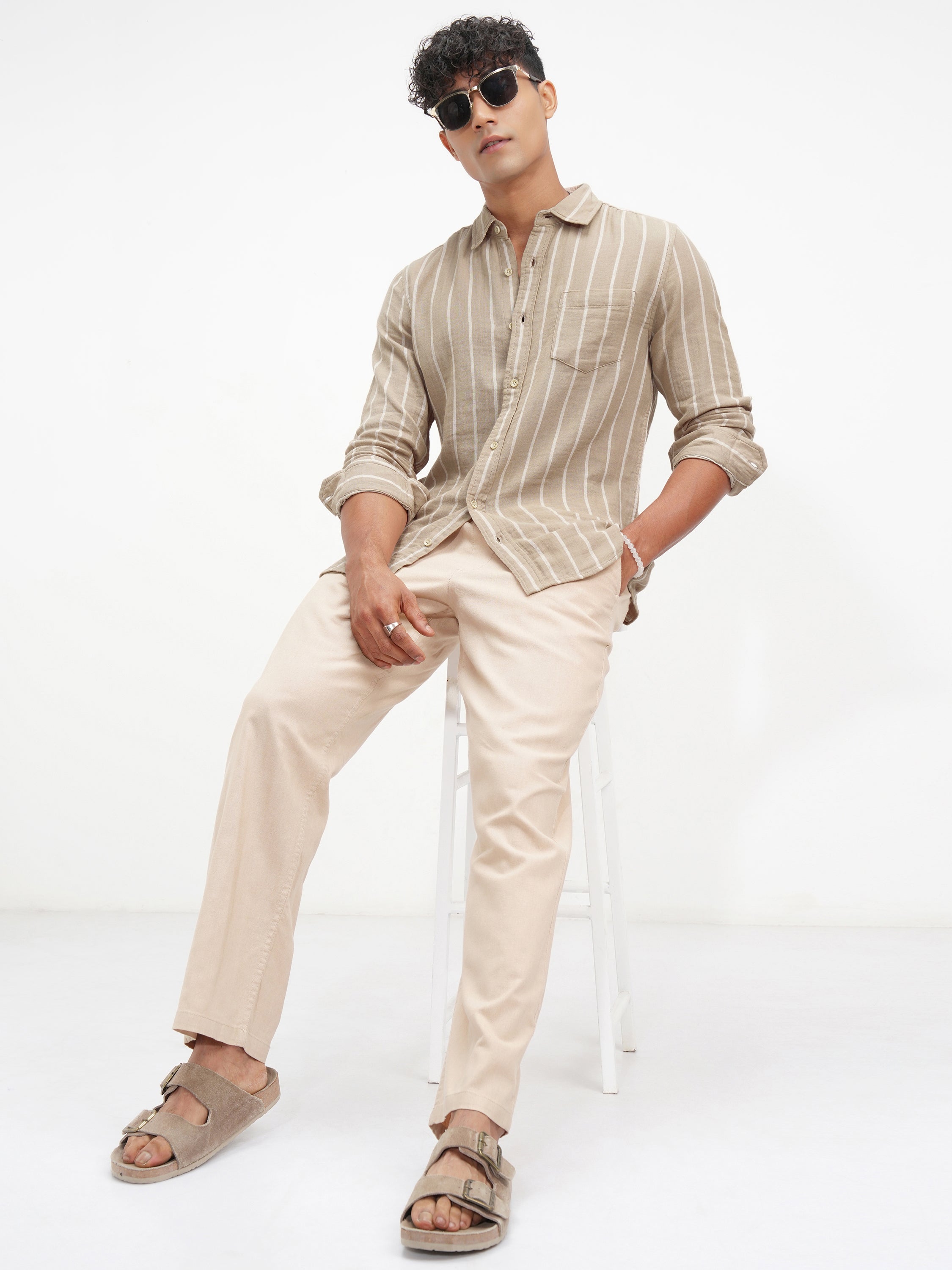 Highlander Men Khaki Striped Slim Fit Casual Shirt - Khaki - Image 2